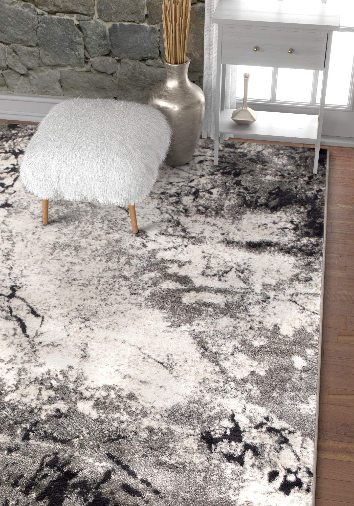 Well Woven Splash Grey & Beige Modern Abstract Geometric Paint Brush Stroke Area Rug 5 x 7 (5'3" x 7'3") Neutral Vintage Thick Soft Plush Shed Free