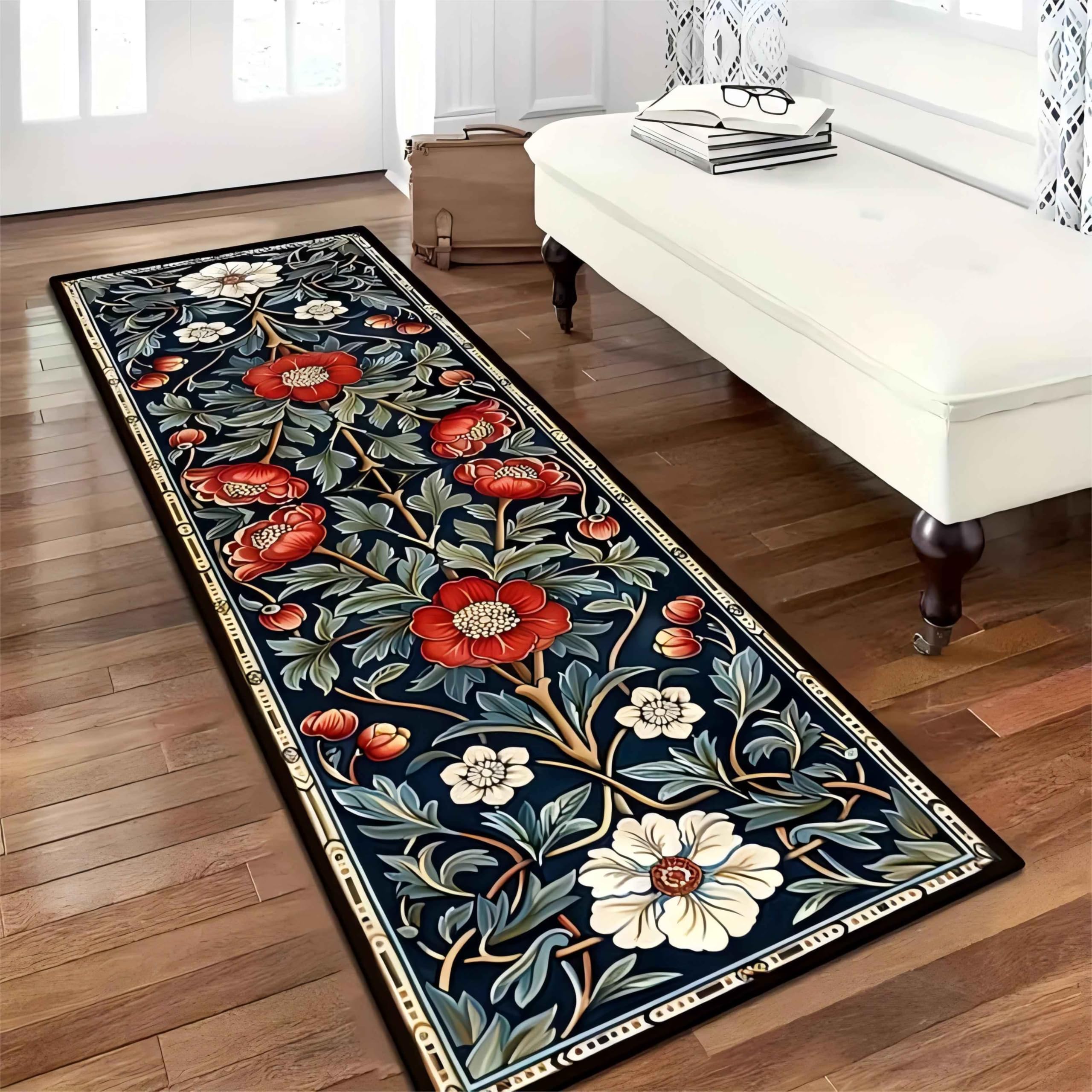 Floral Hallway Runner Rug,65x240cm, Bohemian Red White Flower Leaves Plant Pattern Entrance Carpet, Machine Washable Kitchen Laundry Room Fancy Area Rugs, Hallway Entrance Kitchen Laundry Room โ image 1