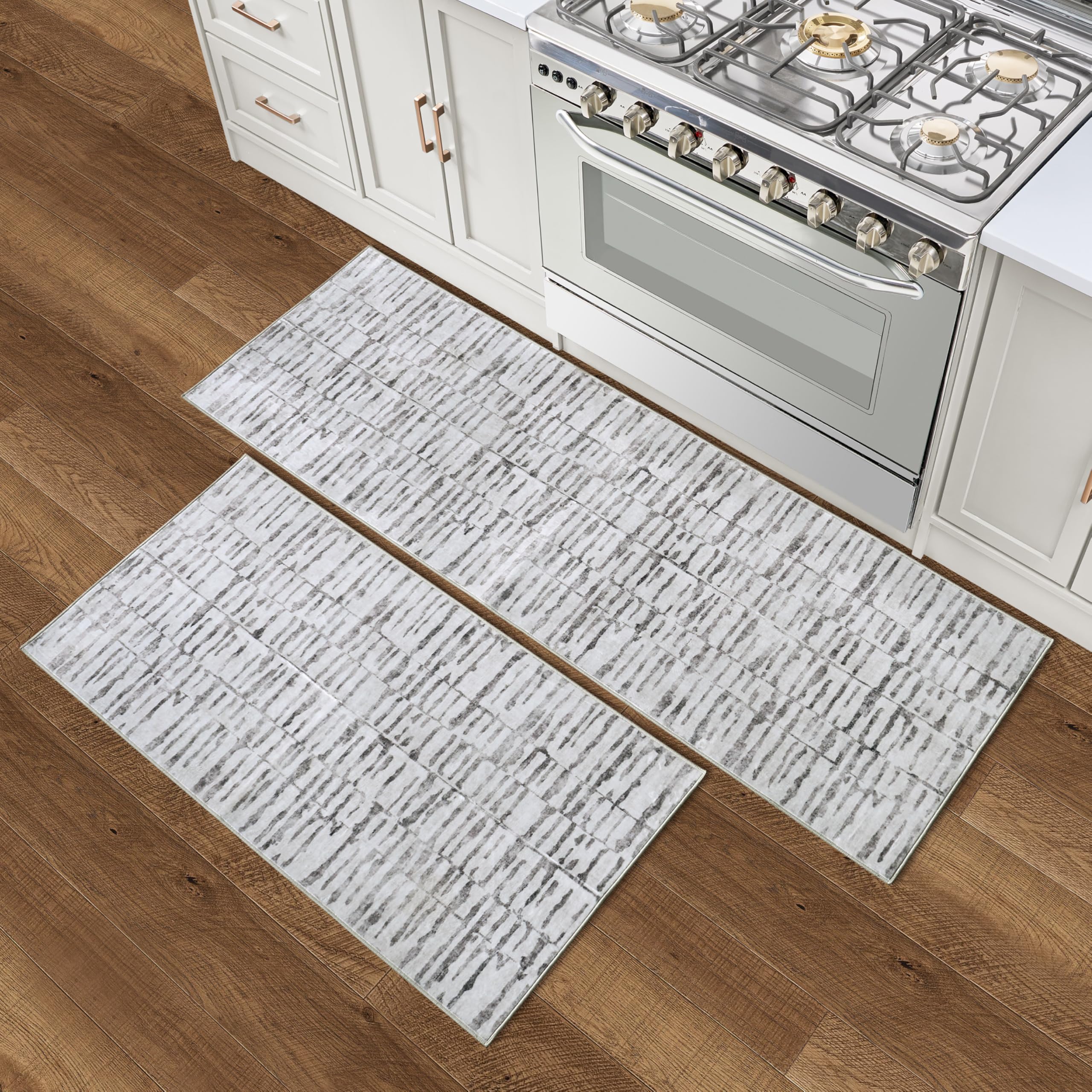 Wyatt &amp; Ash Dream Mink Washable 2-Piece Rug Set Strata Texture Beige/Cream Abstract 24"x72" Runner Rug &amp; 24"x48" Accent