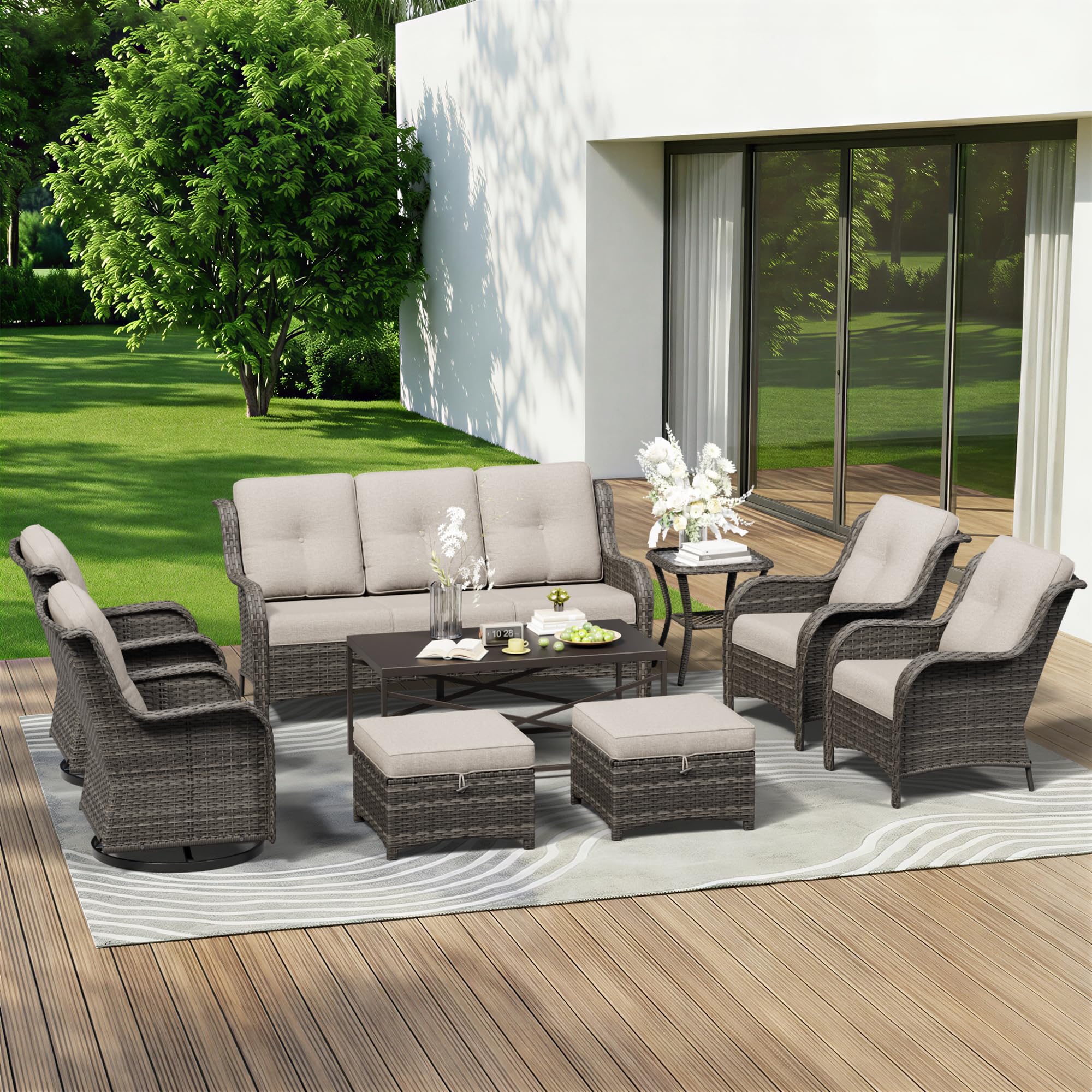 9 Piece Outdoor Wicker Patio Furniture Set, Patio Chairs Set with Thickened Olefin Cushions, High Back and Deep Seating, Hand-Woven PE Rattan, Ottoman for Porch, Deck