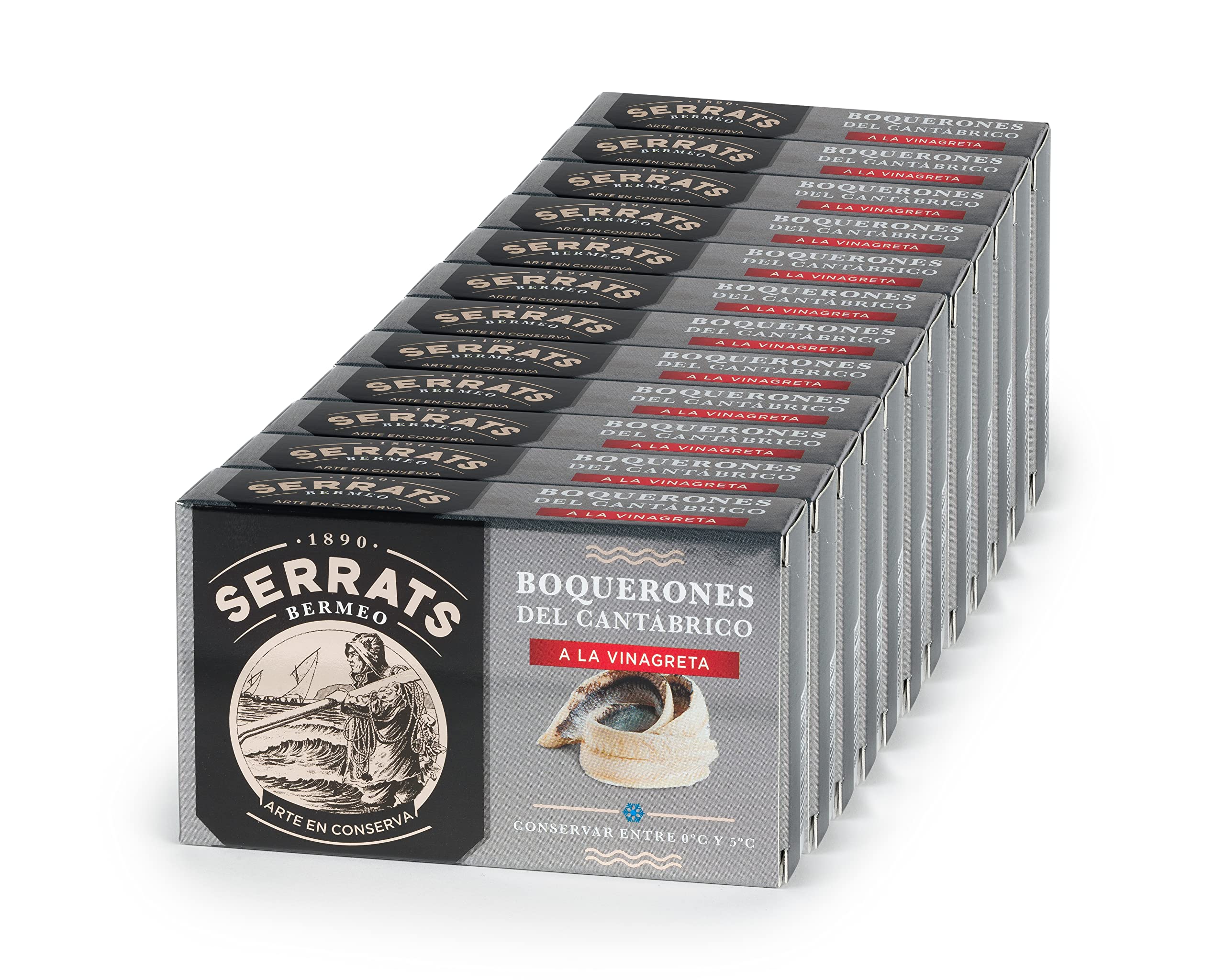 CONSERVAS SERRATS - Boquerones del Cantábrico a la Vinagreta Artesanal Tradicional - 12 Latas x 100g (Total: 1200g) - Macerados en Vinagre - Limpieza Manual - Sin Espinas – Gourmet