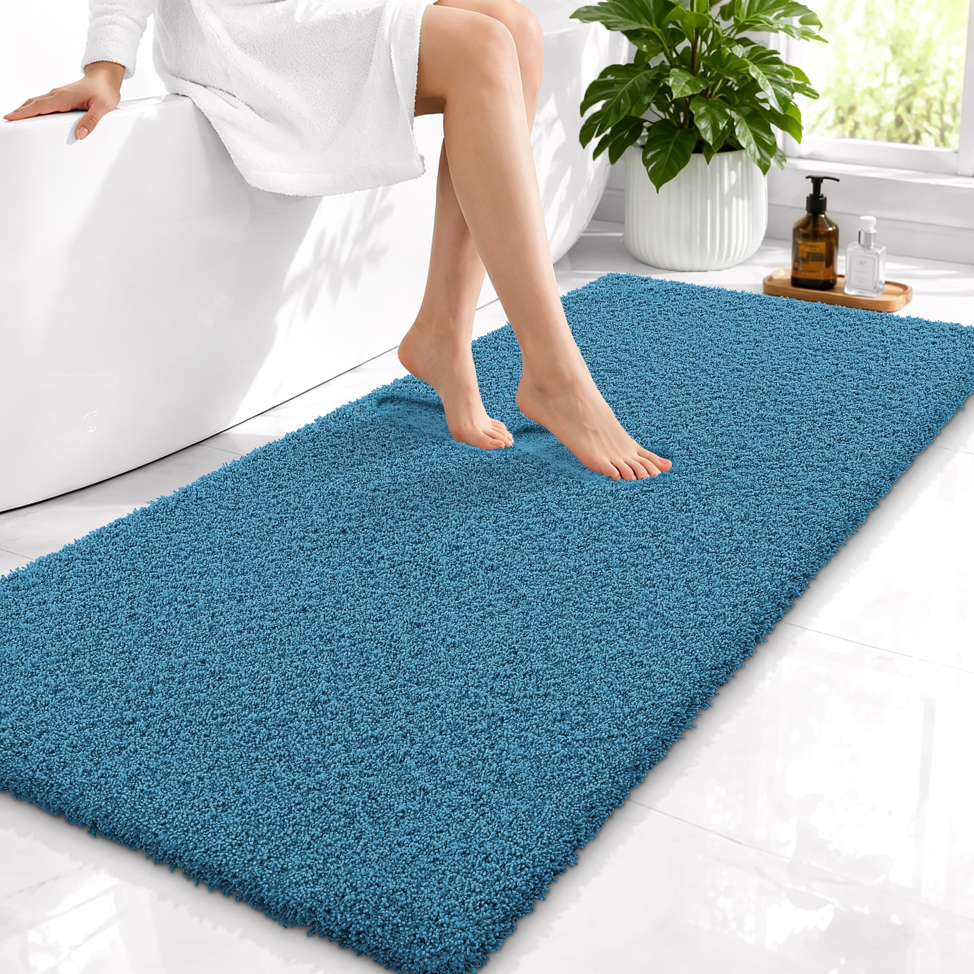 OLANLY Microfiber Bathroom Runner Rugs 47x24, Soft Bath Mat, Peacock Blue