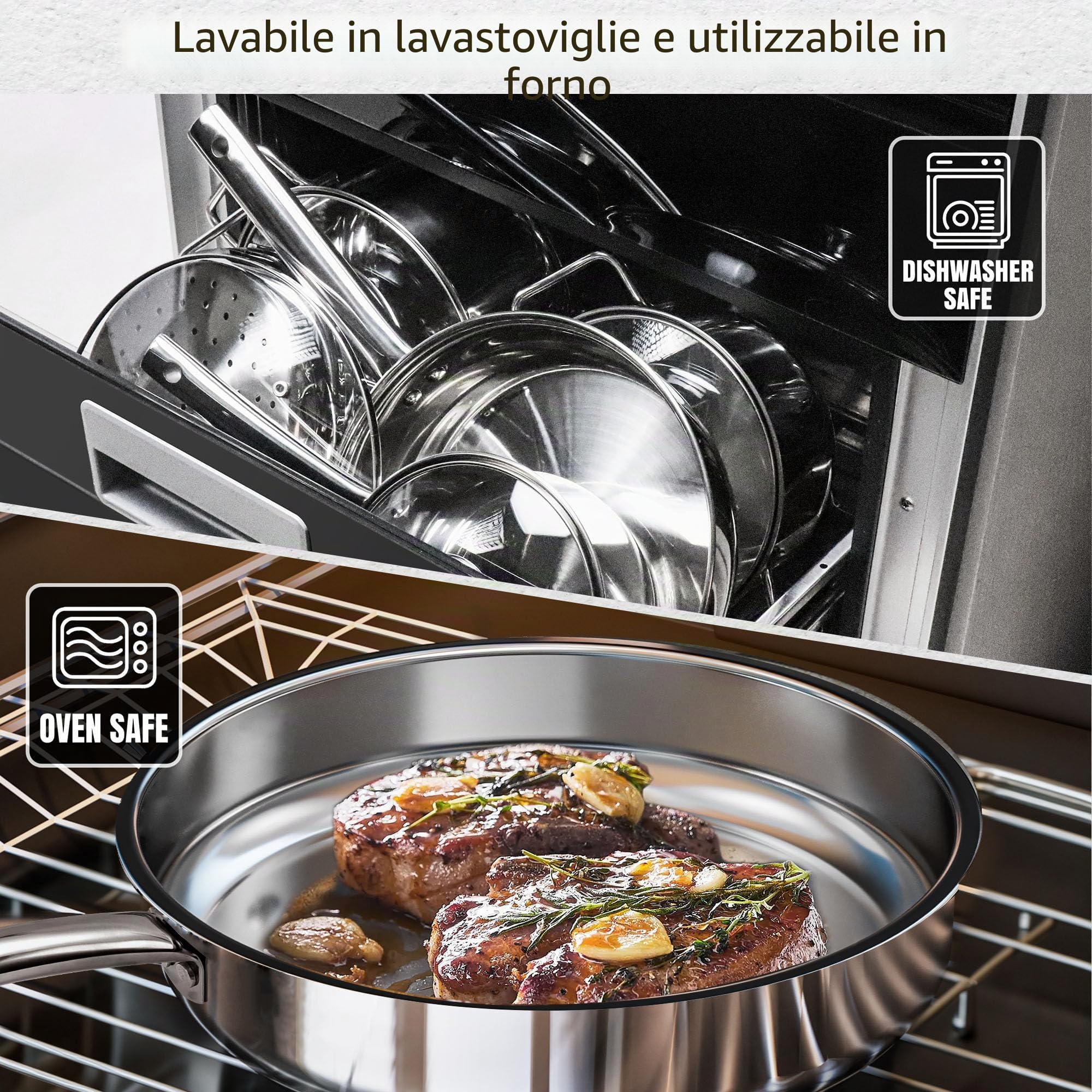 14 Pezzi Set di Pentole e Padelle in Acciaio Inossidabile, set di Pentole per Induzione, Pentole con Vapore e Coperchi in Vetro e Set di Utensili, Adatto a tutti i Fornelli