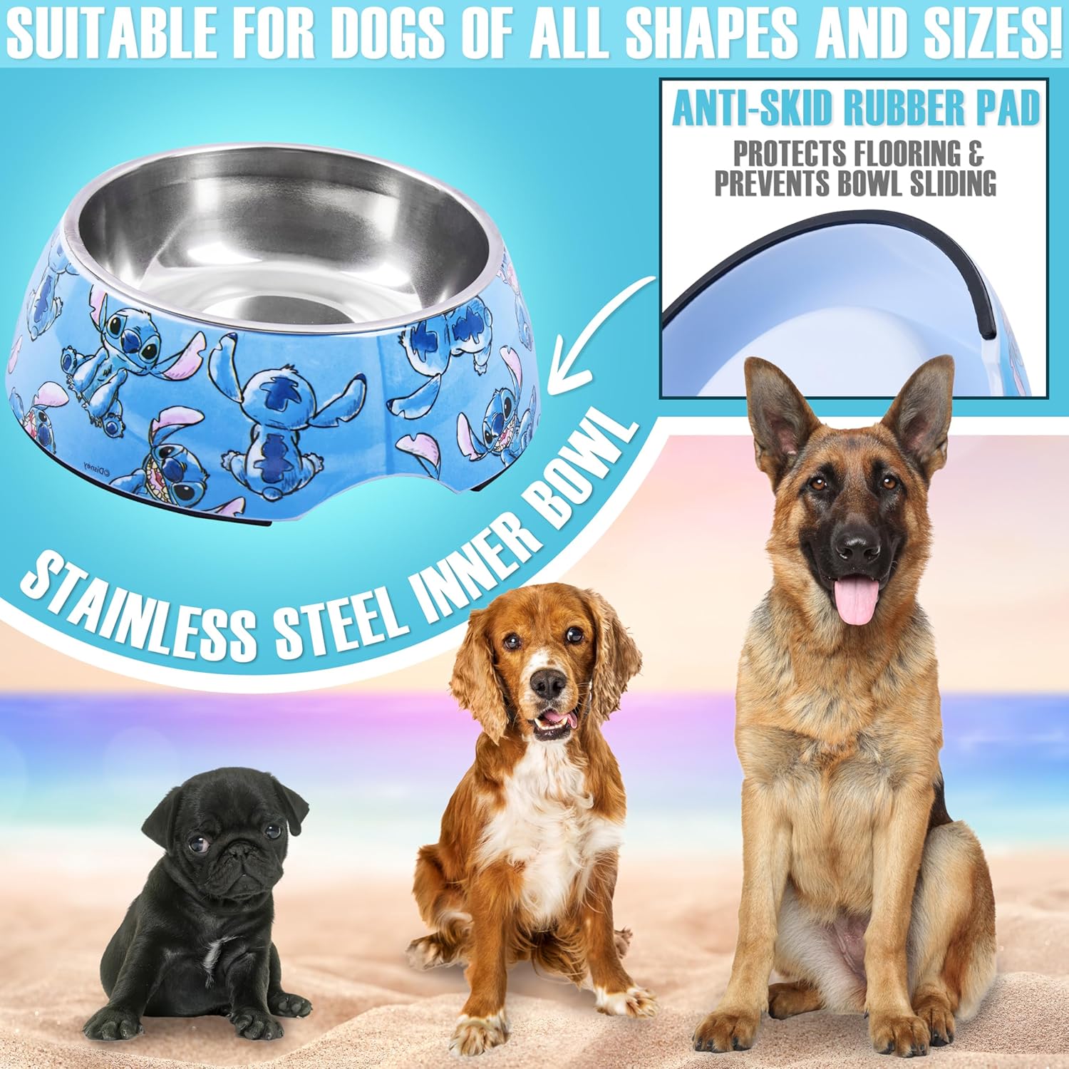 Disney Dog Bowl and Dog Toy Set, Squeaky Soft Toy & Non Slip Food Bowl - Dog Gifts (Blue)