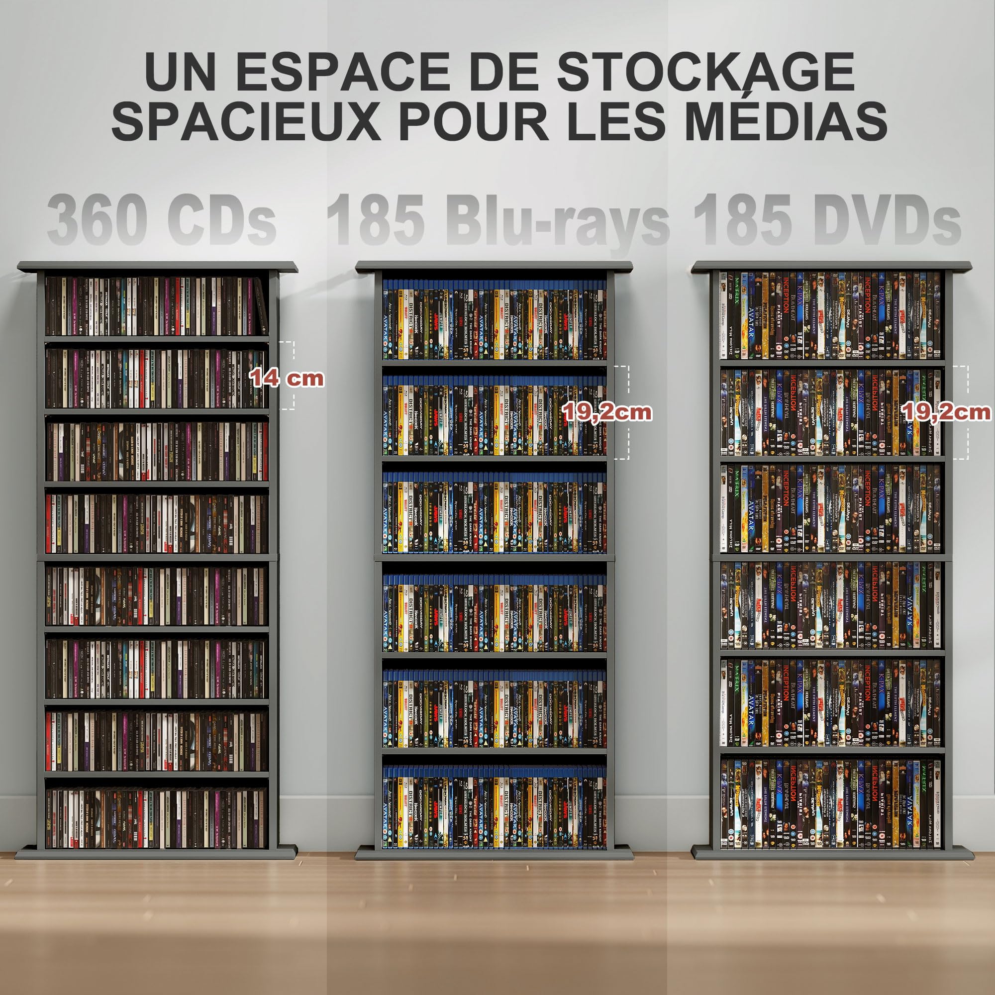 HOMCOM Rangements pour CD et DVD, meuble de rangement multimédia, capacité 360 CD/185 DVD et Blu-ray, 8 compartiments et 6 étagères réglables, pour salon, chambre, 58x24x126,3cm, gris