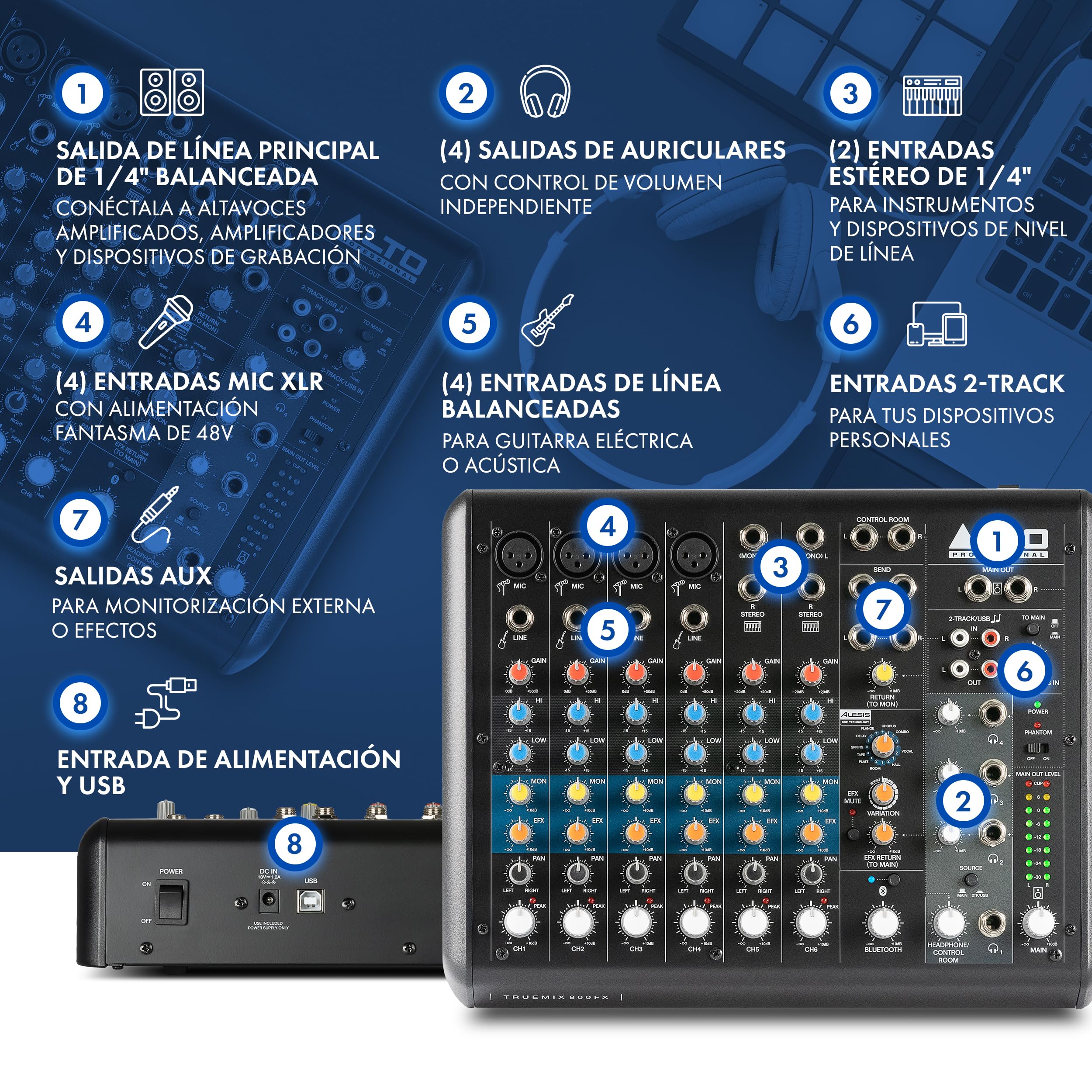 ALTO TrueMix 800FX Mesa de Mezclas Con 4 Entradas XLR de Micrófono, Interfaz de Audio USB y Bluetooth Para Podcasts, Actuaciones en Vivo, Grabaciones, DJ, Windows y Mac