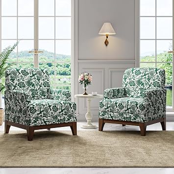 Floral Accent Chair Set of 2, Upholstered Armchair with Solid Legs, Comfy Reading Single Sofa with Spring-Padded Cushion for Bedroom, Green