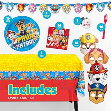 Paw Patrol Birthday Decorations & Party Supplies with Mask Party Favors | Officially Licensed, 16 Plates and Napkins, Banner, Tablecloth, Forks, Mask Party Favor Set for Kids