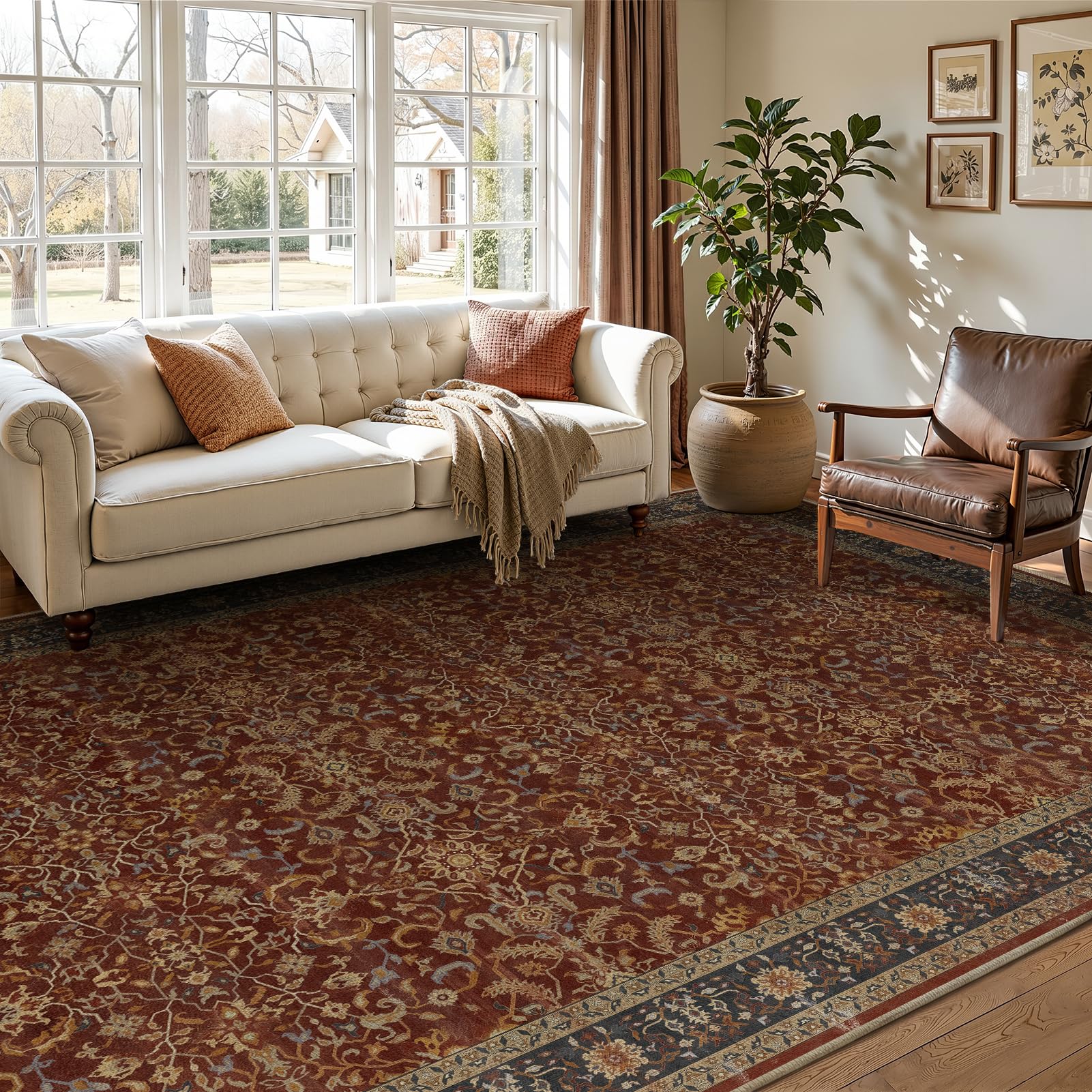 Jainmy Old Money Aesthetic 6x9 Area Rugs, Low Pile Washable Rugs for Living Room Bedroom Non Slip, Vinatge Maximalist Print Carpet Rug for Dining Room Home Office, Deep Burnt Orange