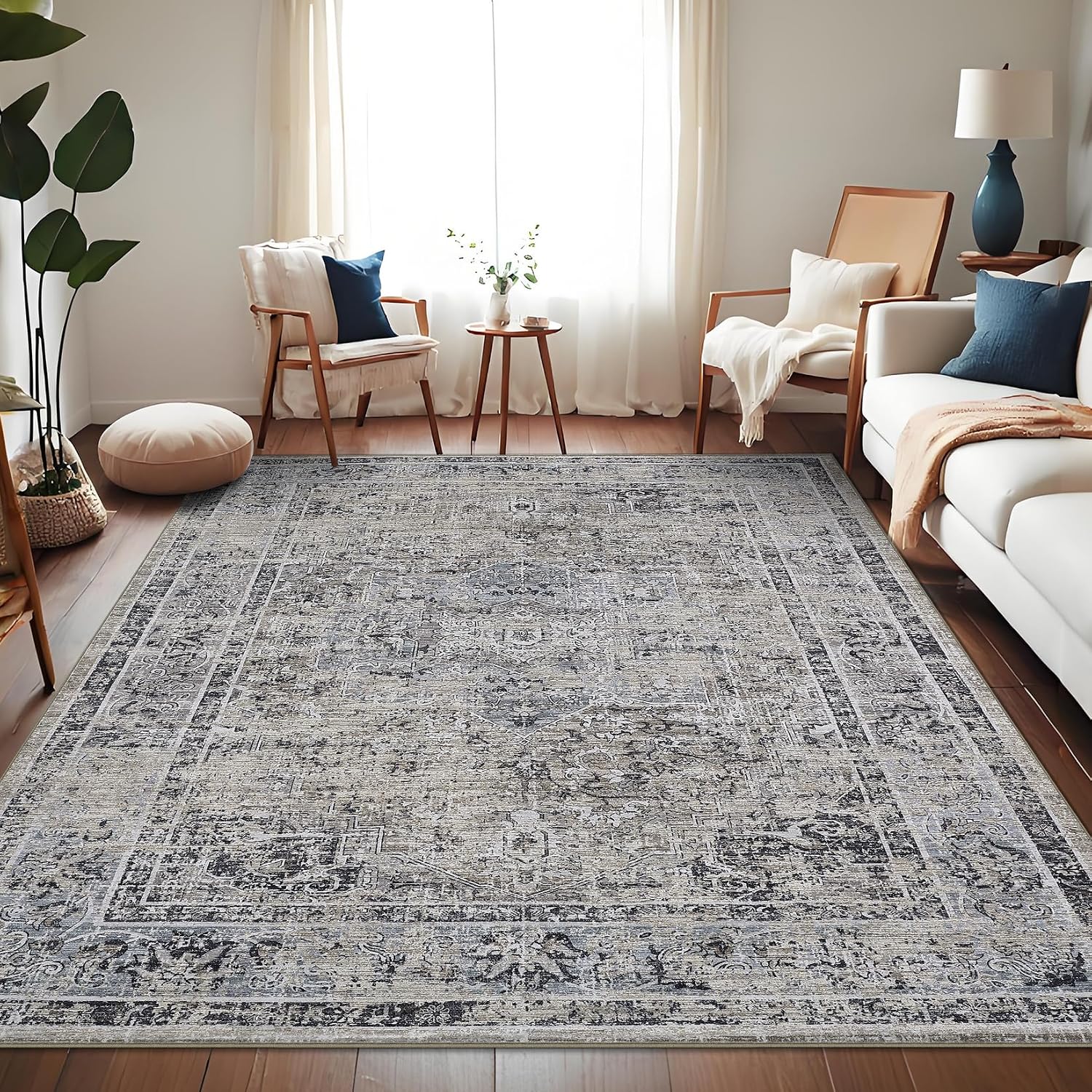 COZYLOOM 5x7 Area Rug Rugs for Living Room, Machine Washable Non Slip Vintage Rugs, Low Pile Lightweight Distressed Print Rug for Bedroom, Dining Room, Home Office, Grey