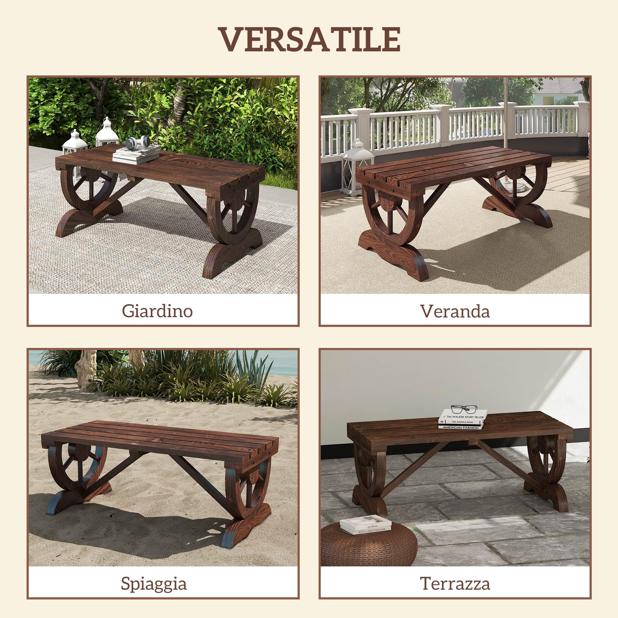 Outsunny Panchina da Giardino da 2 Posti con Design a Ruota, Panchina da Esterno a Doghe in Legno di Abete, Panca per Terrazza Patio e Cortile, 98x50x39.5 cm, Marrone