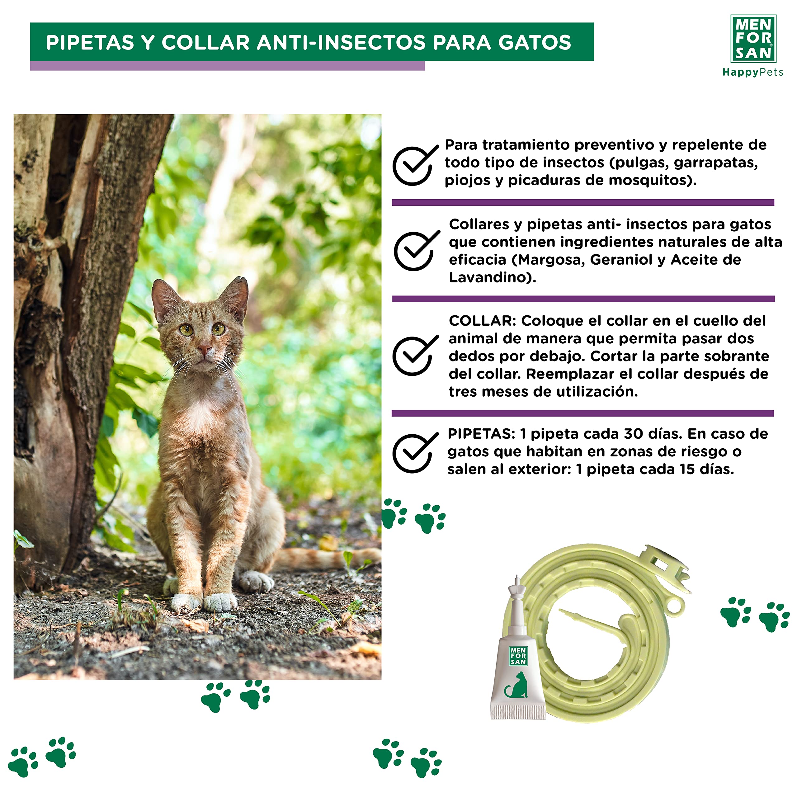 MENFORSAN Pack Mix de Collares y Pipetas Anti-Insectos para Gatos, Incluye 2 Collares y 6 Pipetas, en Bolsa Autocierre