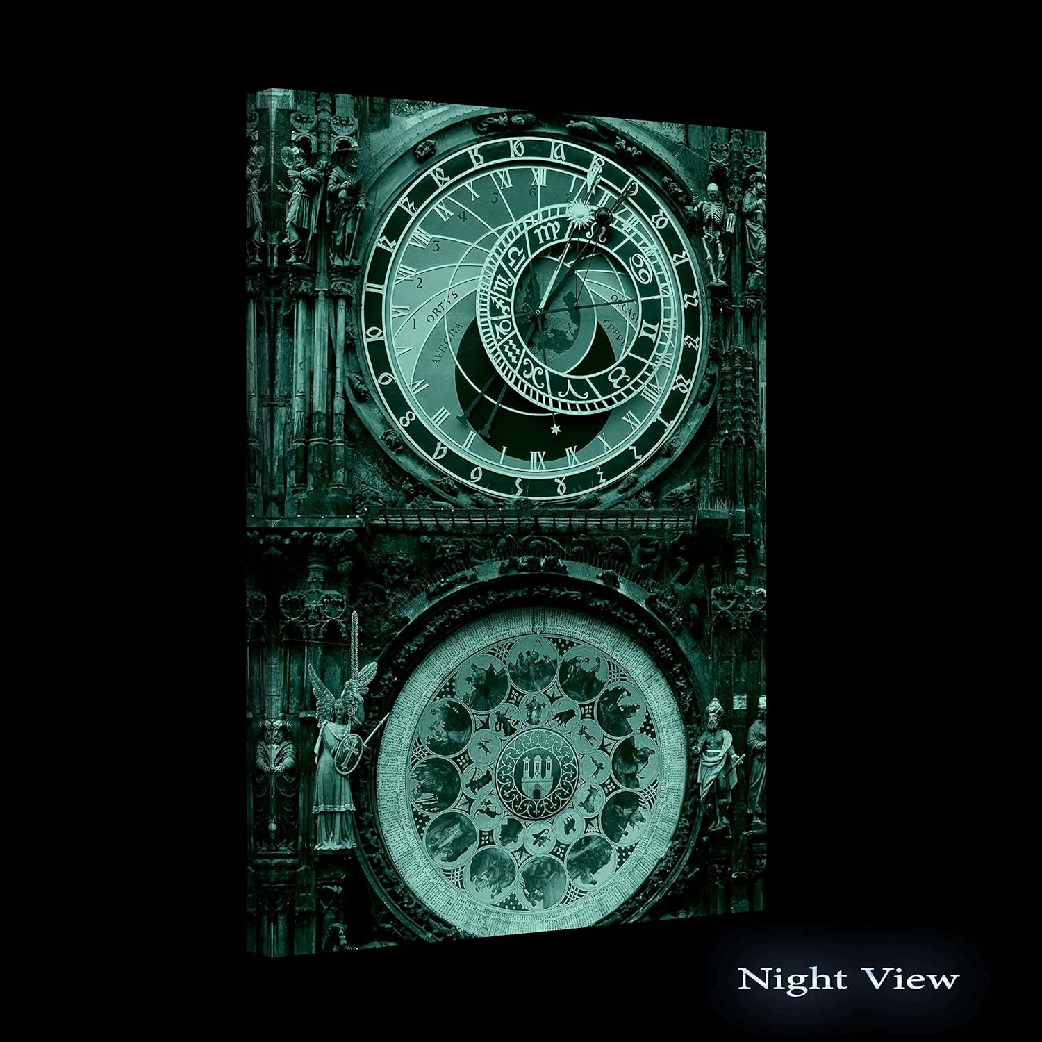 Startonight Luminous Clock in Prague Canvas Wall Art Print, Old City in Europe Picture Painting Stretched Print, Modern Artwork for Bedroom or Living Room, Office Ready to Hang Home Decor 24" x 36"