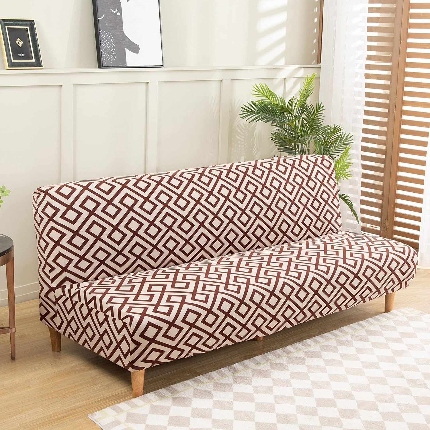 ShowyLive Armless Sofa Bed Cover, Stretch Folding Sofa Bed Covers Without Armrest, All-Inclusive Tight Wrap Futon Slipcover, Soft Skin-Friendly Bench Cover Furniture Protector for Living Room (P)