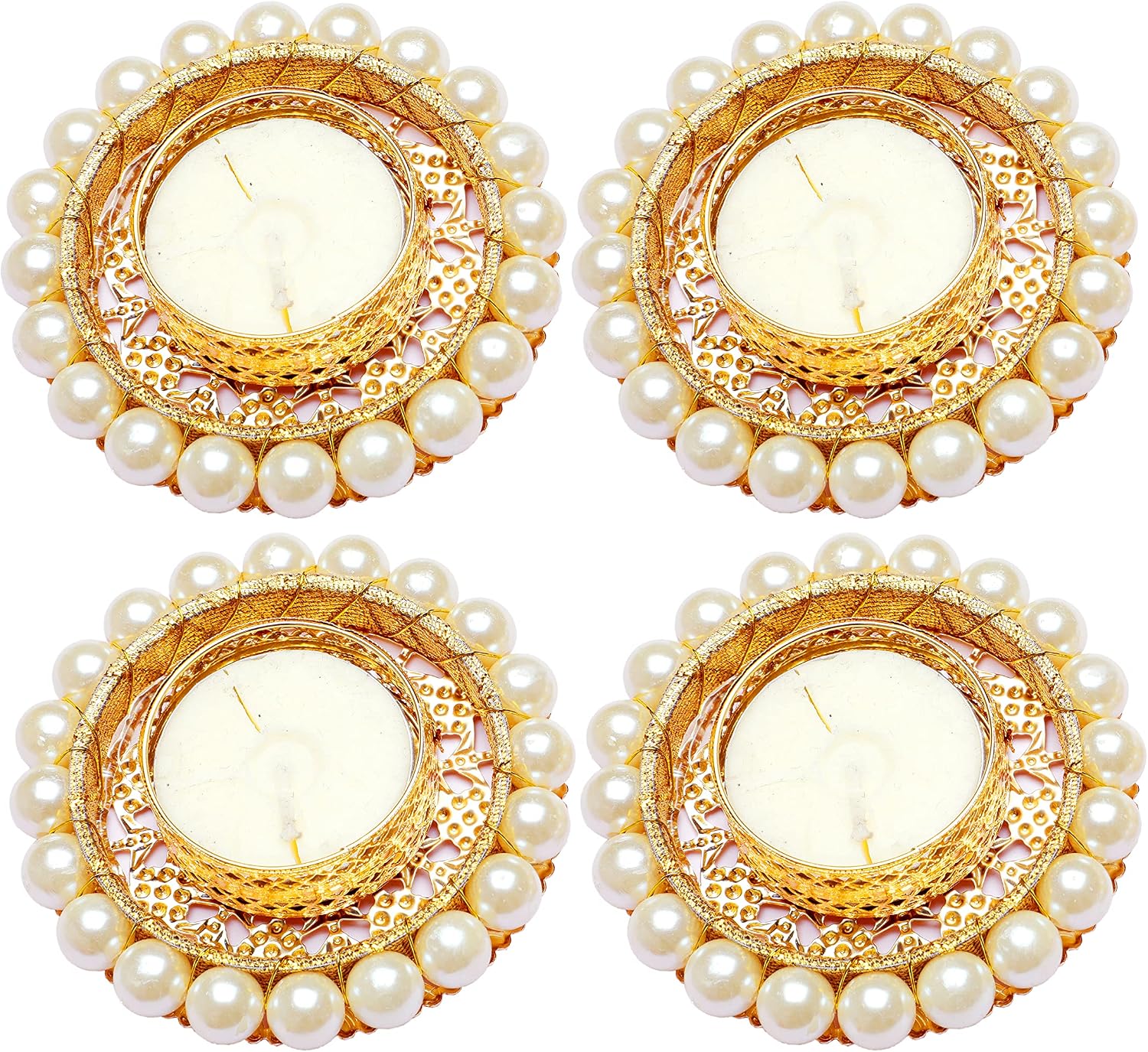 Set of 4 Pearl Moti Design T Light Holder Candle Stand Tealight T-Light Holder for Indian Festival Gifts New year Gifts Lighting Accessories Wedding Home Decor(Size:-3")(Without Wax)(White)