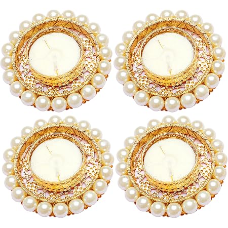 Set Of 2 Handmade Moti Bead Tea Light Holders - Pink Decorative Diwali Candle Stands For Festival & Home Decor