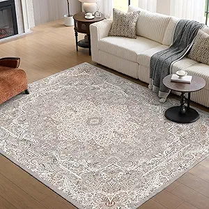 Vintage 9x12 Washable Area Rug, Low-Profile Large Area Rug with Non-Slip Backing & Durable Edge Binding, Pet-Friendly Carpet, Large Rug for Living Room, Bedroom & Dinning Room