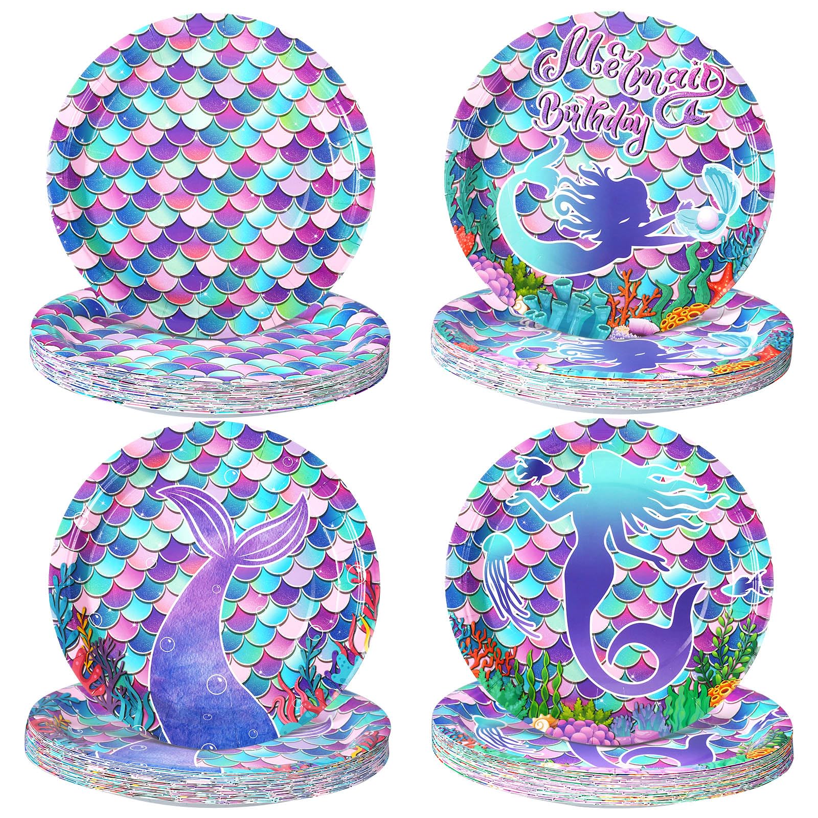 Photo 1 of Sunnyray 100 Pcs Galaxy Paper Plates 9 Inch Wood Grain Paper Plates, Space Woodland Party Plates Starry Night Mermaid Car Block Dessert Plates for Solar System Theme Party Wedding (Mermaid)