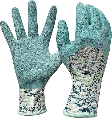 Digz Guantes de jardín de punto elástico de puño largo con revestimiento de látex de dedo completo Color patrón verde Tamaño mediano