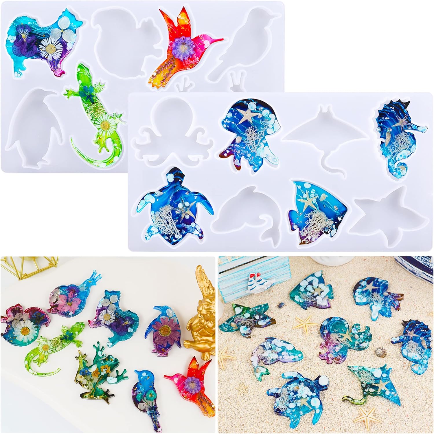 Pulcher 16 Animal Silicone Resin Molds for Epoxy Keychains - Marine, Land & Amphibious Designs, DIY Crafts Pendants Ornaments