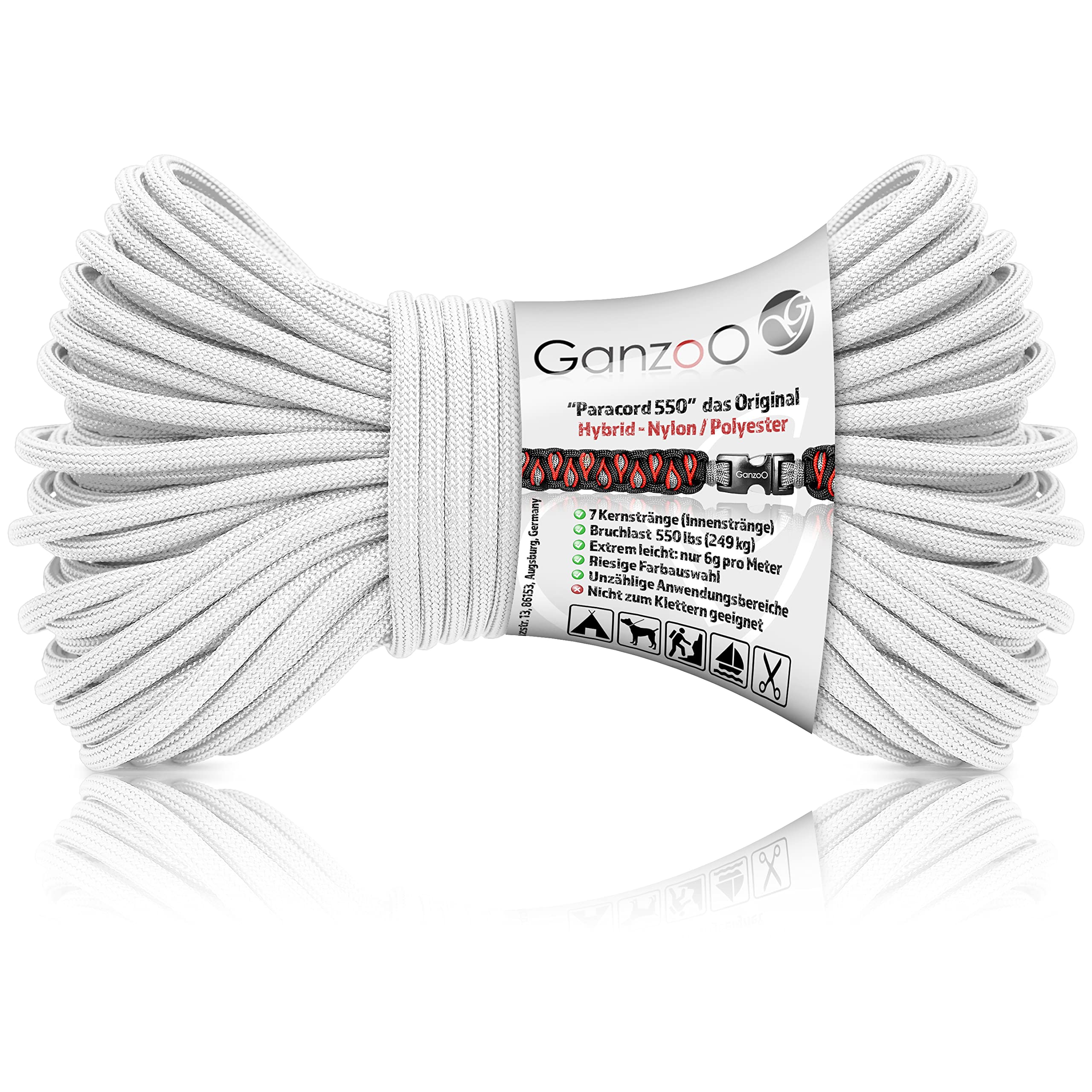 Ganzoo Paracord 550 linka 4 mm typ 3, biały marshmallow, hybrydowa konstrukcja nylon/poliester, 30 m, do wyplatania biżuterii, smyczy, akcesoriów psa, a także do campingu i bushcraft