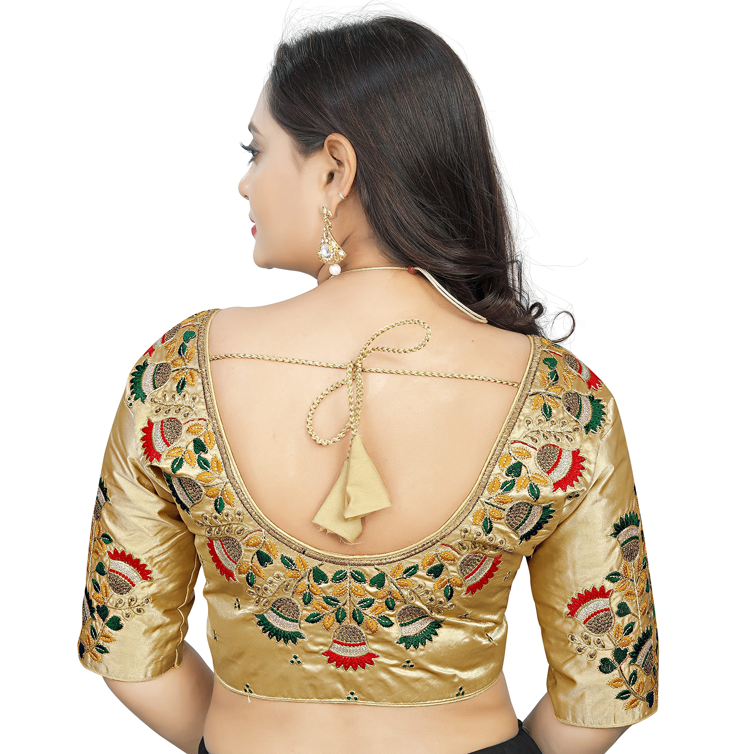 SCUBE DESIGNSCotton Silk All Over embrodered Round Neck Cutwork Half Sleeves Saree Blouse Readymade Crop Top Choli for Girls & Womens Free Size (503)