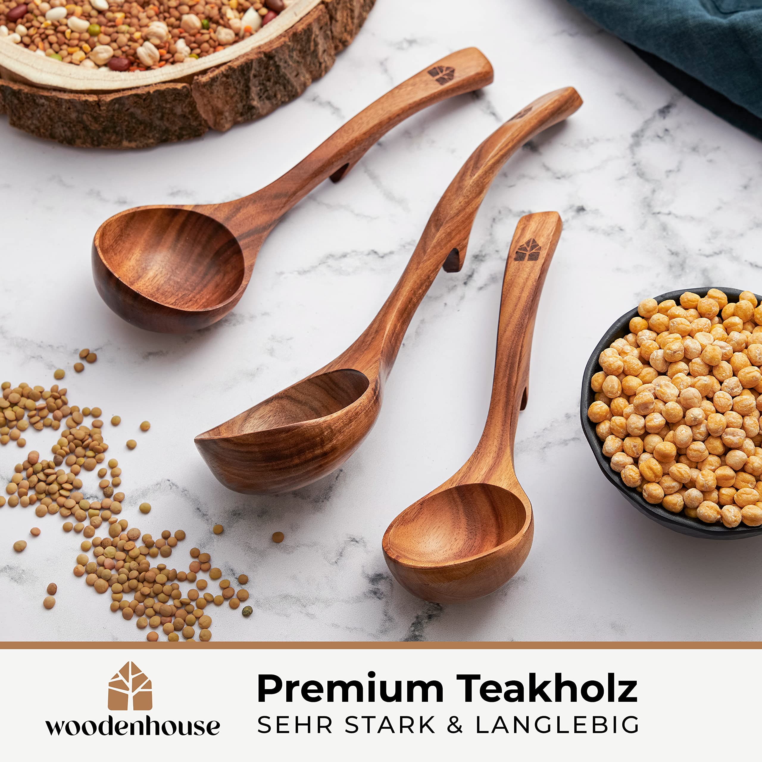 Suppenkelle Holz Set, 3-teilig aus Teakholz - Robustes & nachhaltiges Holzkochlöffel Set - BPA-FREI Schöpflöffel in Groß, Mittel und Klein - Verschiedene Größen für unterschiedliche Kochaufgaben