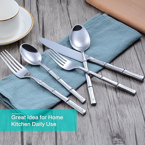 Miniatura 4 de Juego de cubiertos de acero inoxidable, 40 piezas, mango de bambú, acabado de espejo, para el hogar, cocina, restaurante, hotel, servicio para 8