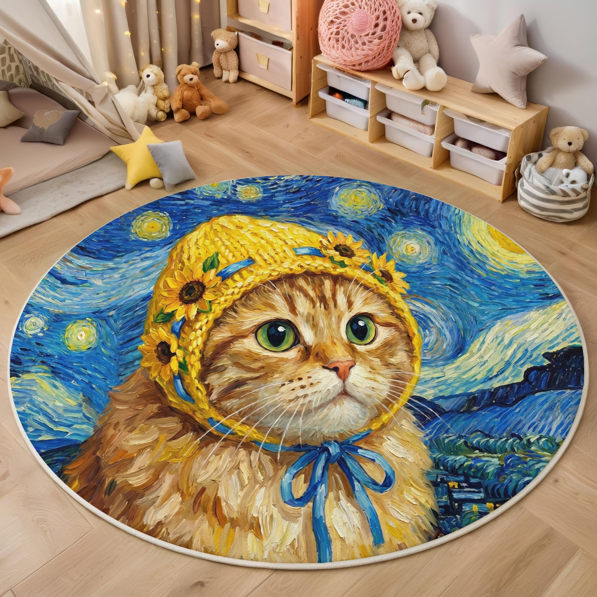 Tapis Rond Salon Lavable Peintures Humoristiques À L'Huile Animaux 100 Cm | Chats Ciel Étoilé Bleu Marine Tapis De Sol Décoration Antidérapant Pour Chambre Cuisine Salle À Manger
