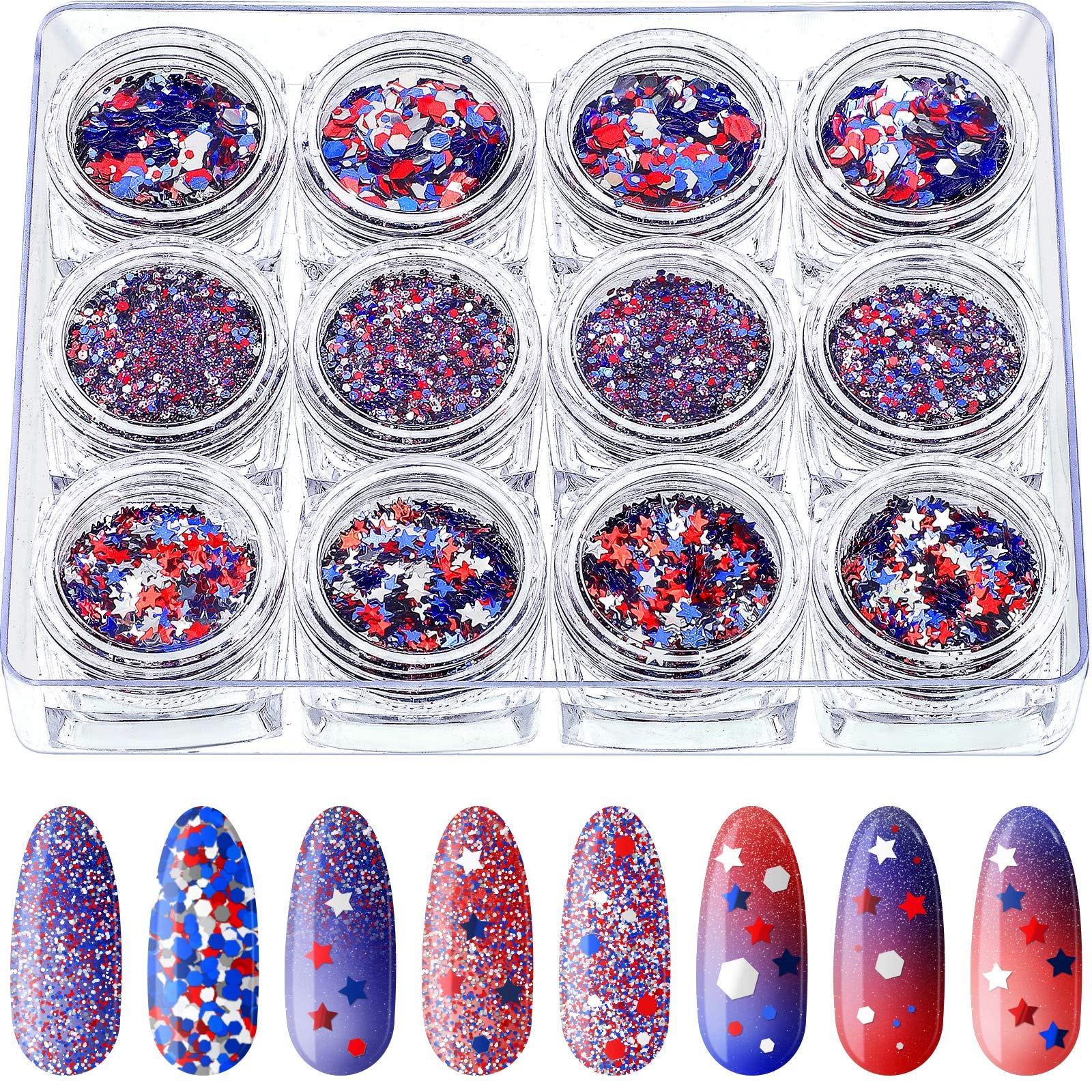 12 Boxes 4th of July Nail Glitter Independence Day 250th Anniversary Patriotic Nail Art Star Sequins Holographic Red Blue Silver Mixed Sparkly Sequins for Women Girls Decoration