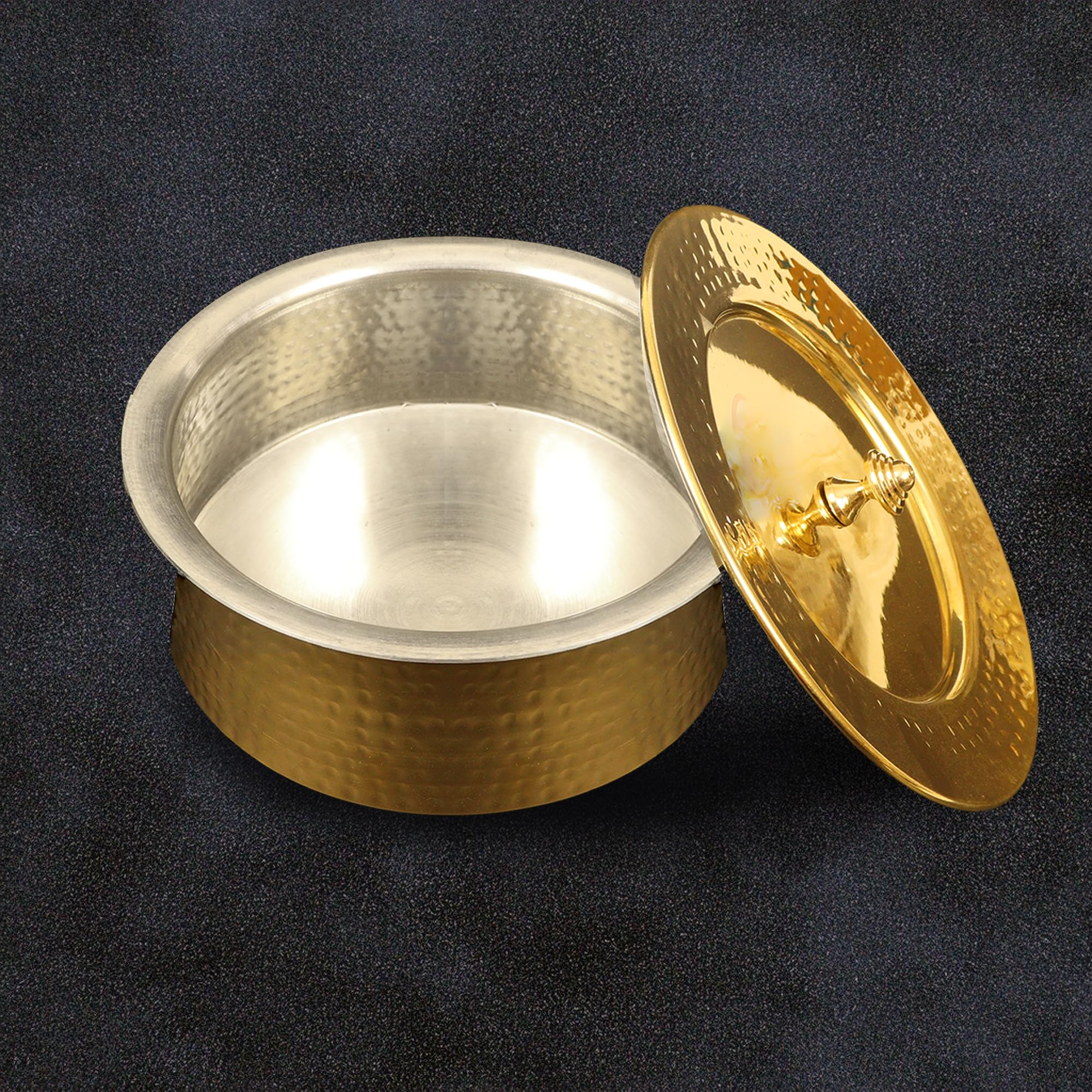 Putrika Brass Kitchen Appliances Cooking Serving Pot Pan|Biryani Handi|Urli|Serveware|Tope |Patila|Cookware Bowl|Cooking Bowl Set with Lid- Hammered Lagan (Medium)