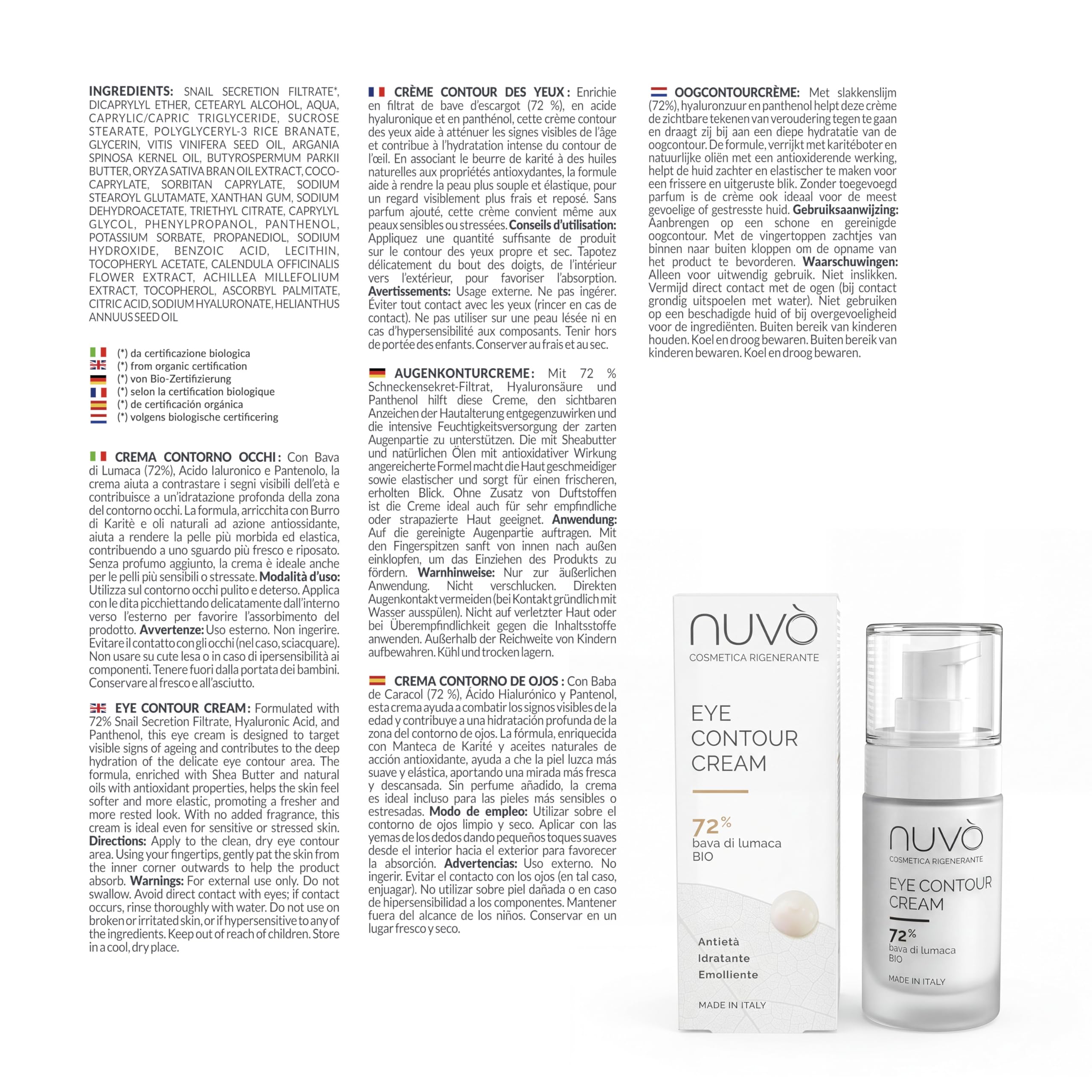 Nuvò – Crème Contour des Yeux, 30 ml, Idéale pour Poches et Cernes, Effet Anti-Âge, avec 72% Bave d'Escargot Bio, Acide Hyaluronique et Panthénol, Soin Hydratant Homme et Femme, Made in Italy