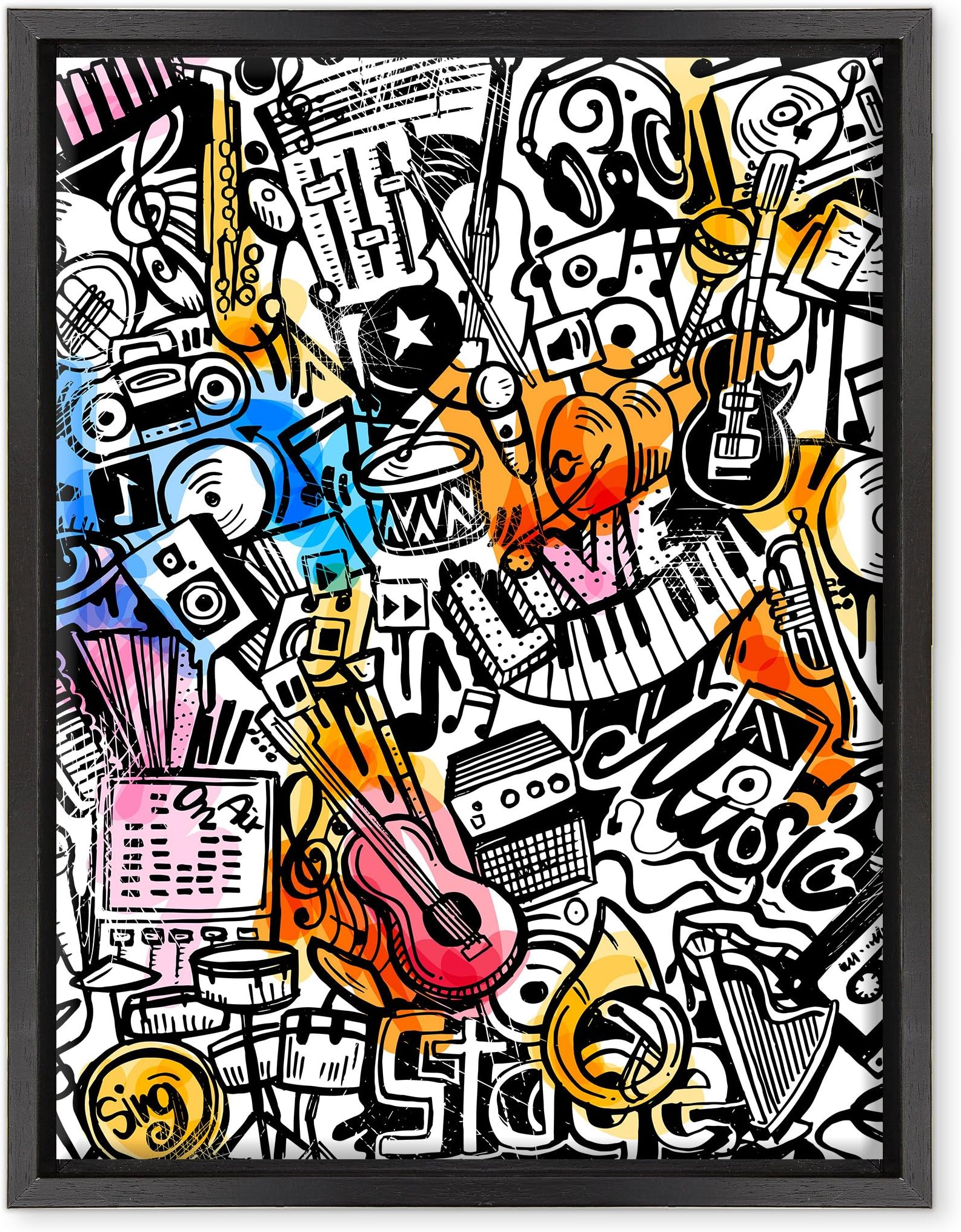 Canvas Picture - Framed - Ready to Hang - Music Jazz Soul Blues Rock - Graffiti Illustration - Street Art 30 x 40 cm B - Colore Nero Moderno