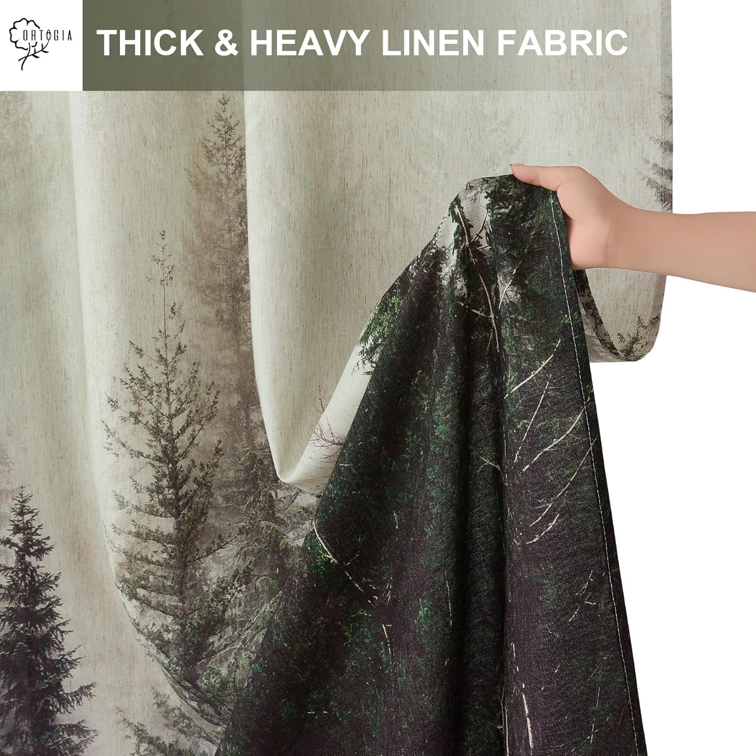 ORTIGIA Mountain Forest Shower Curtain –Heavy Blend Linen Fabric, Black & Green Nature Tree, Foggy Woodland Bathroom Curtain, 72x72 Inch, Includes 12 Metal Hooks.