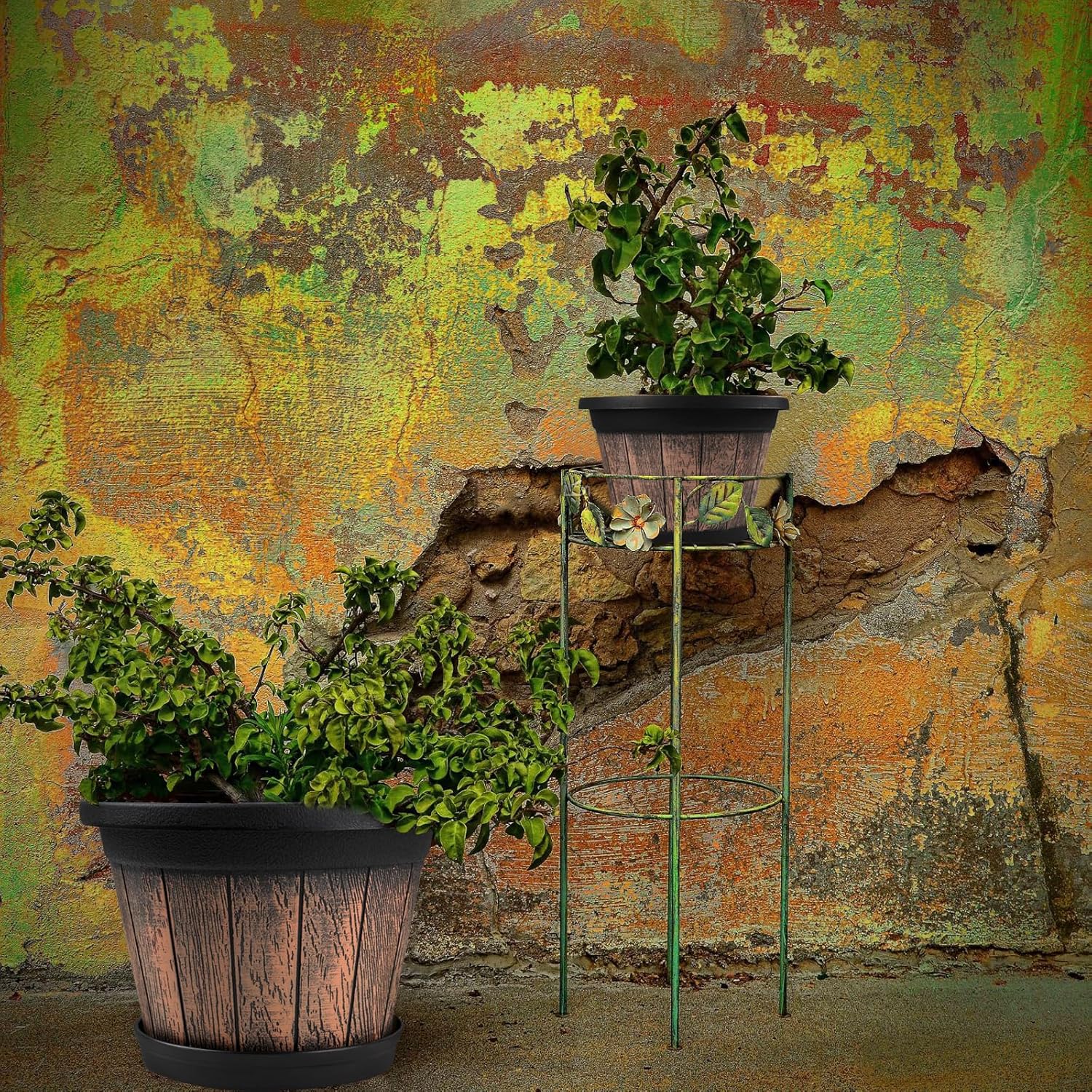 Quarut Large Plastic Plant Pots Set of 4 Pack13 inch,Whiskey Barrel Planters with Drainage Holes & Saucer.Flower Pots Imitation Wine Barrel Design for Indoor & Outdoor Garden Balcony Plants (Brown) - Image 6