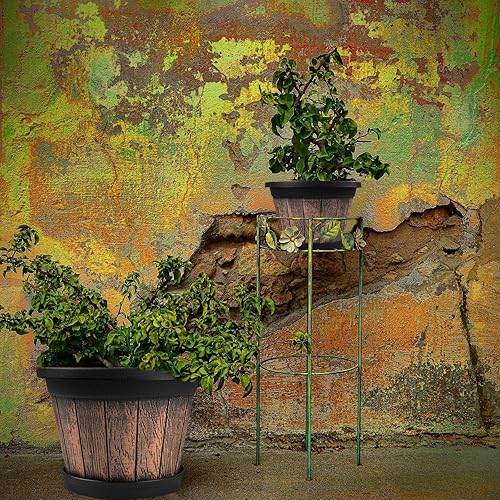 Miniatura 6 de Quarut Juego de 4 macetas grandes de plástico de 13 pulgadas, macetas de barril de whisky con agujeros de drenaje y platillo. Macetas de imitación