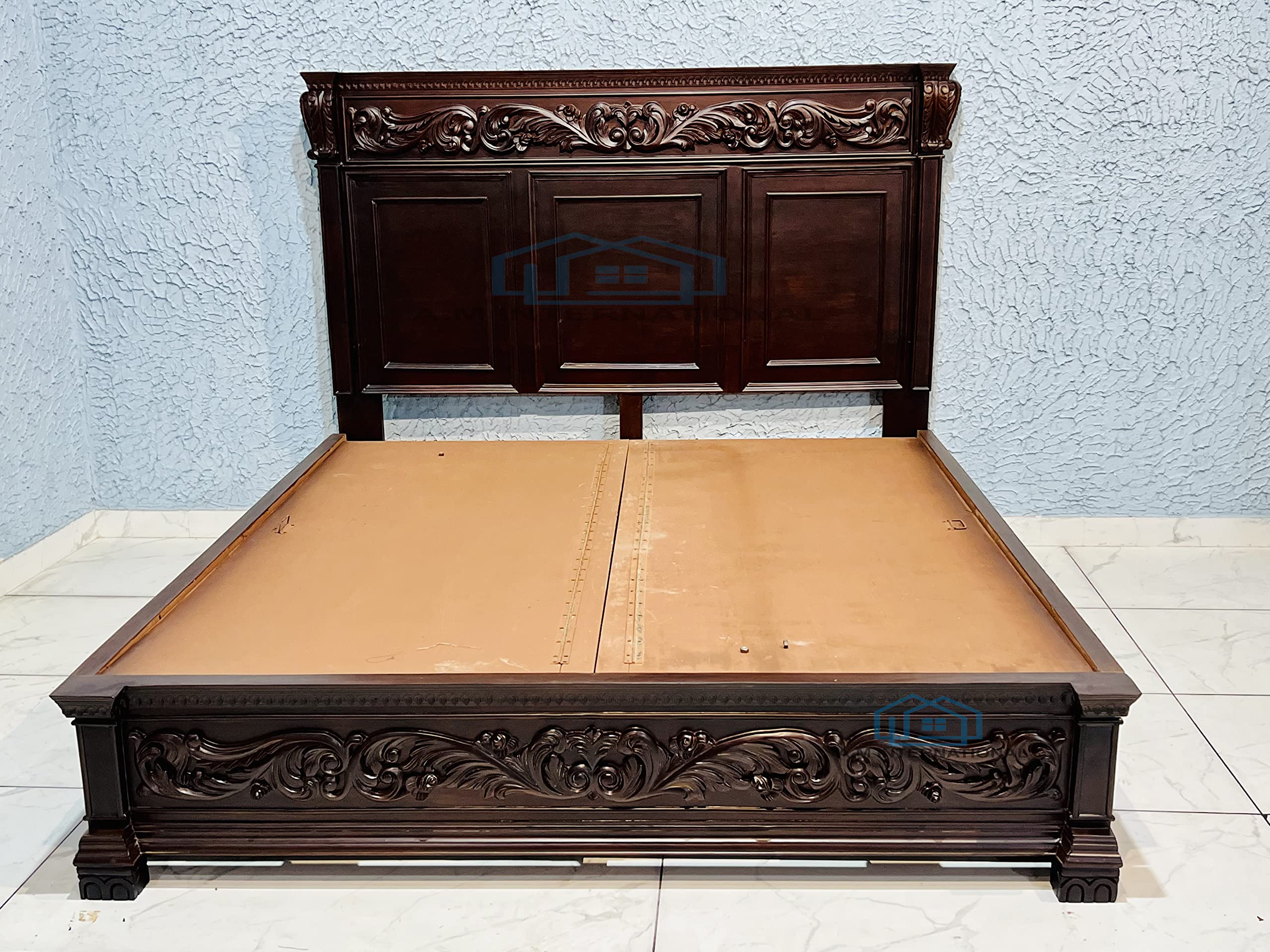 A.M INTERNATIONAL Royal Wooden Carved Bedroom Set in Teak Wood with Walnut matt Finish-image-3