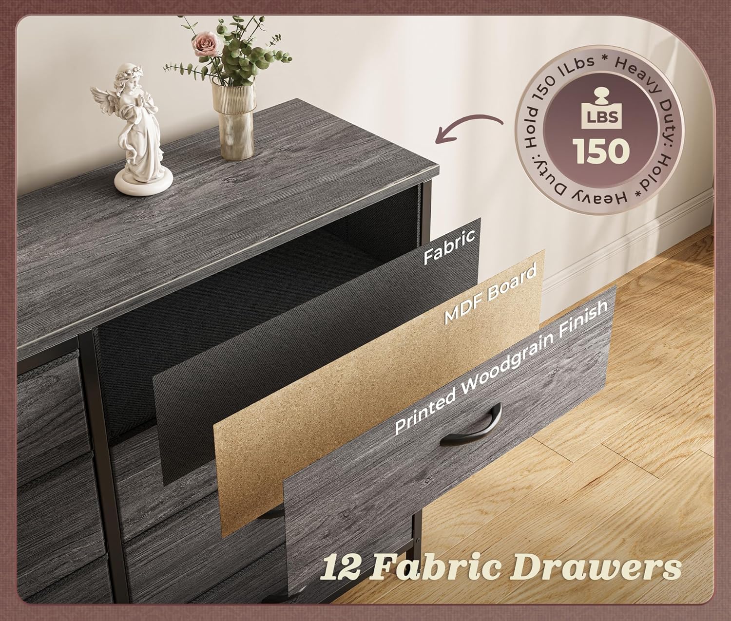 Close-up of dresser materials and construction