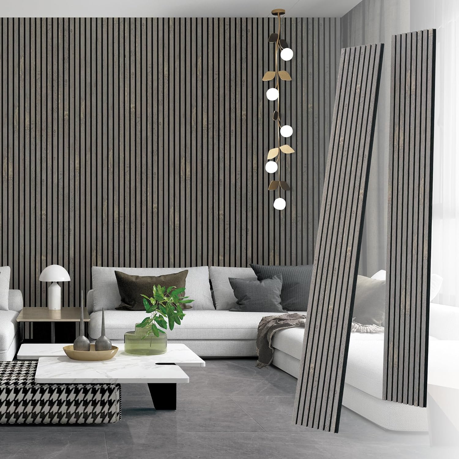 Wood Acoustic Slat Panels, 2 Pieces 3D Fluted Soundproof Panel for Interior Wall and Ceiling Decor, 94.5 × 12.6 inch, Vintage Smoked Oak