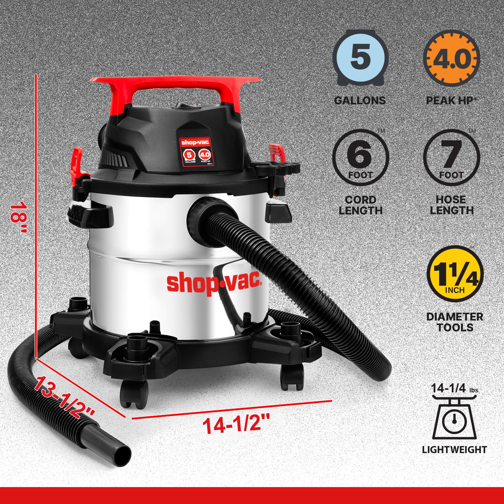 Shop-Vac 5430162 Aspiradora húmeda/Seca, 5 galones, 4 Puntos HP, Manguera de 3,5 cm de diámetro x 1,8 m, Cable de 1,8 m de Largo, Ideal para Lugares de Trabajo, Garaje, Taller y hogar