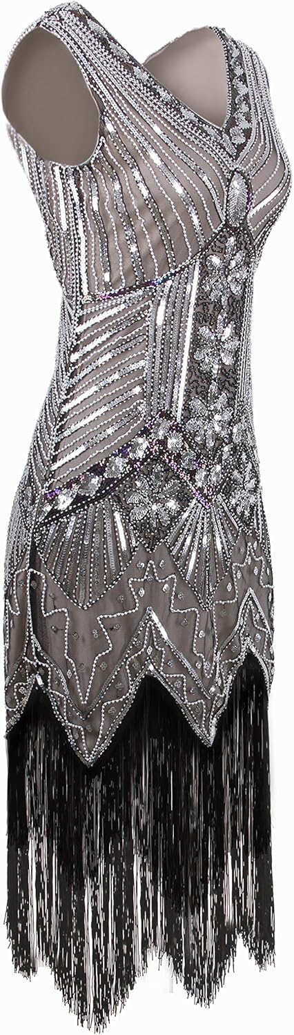 Vijiv Women 1920s Gastby Sequin Art Nouveau Embellished Fringed Flapper Dress - Image 2
