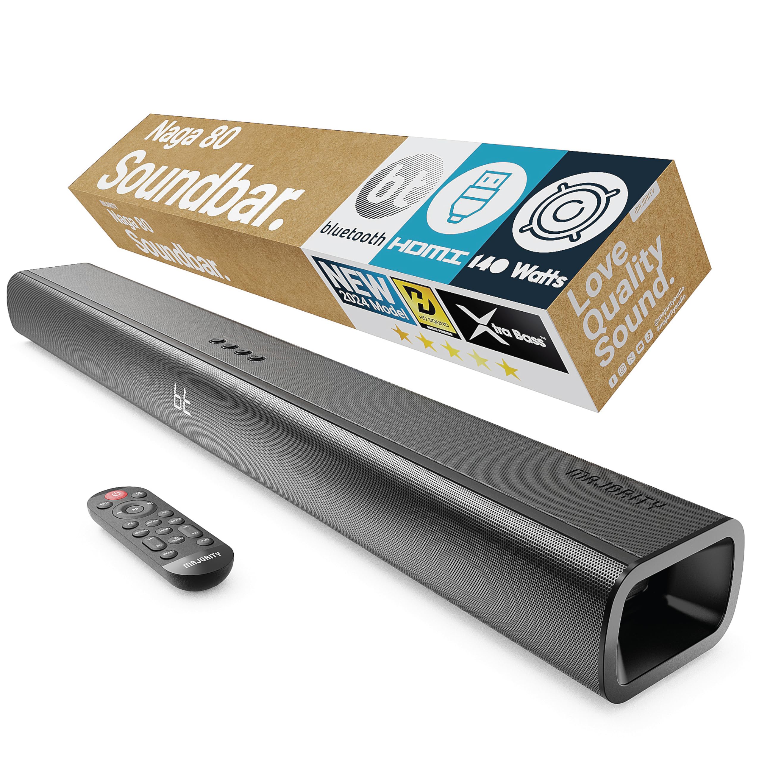 Majority Bluetooth 140W TV Soundbar, 2.1 Channel, 3D Surround Sound with Built-in Subwoofer | EQ Control, HDMI Arc, Optical, AUX, and Remote Control, Wall Mountable Naga 80