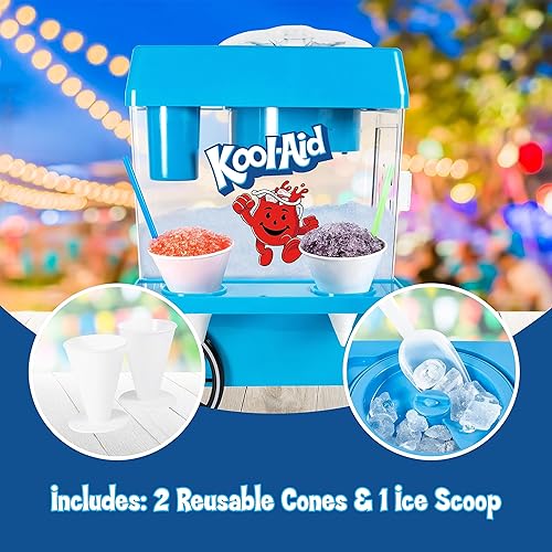 Miniatura 3 de Nostalgia Snow Cone - Máquina retro de mesa Kool-Aid para triturar hielo para 20 raspados, incluye 2 conos de plástico reutilizables y cuchara para