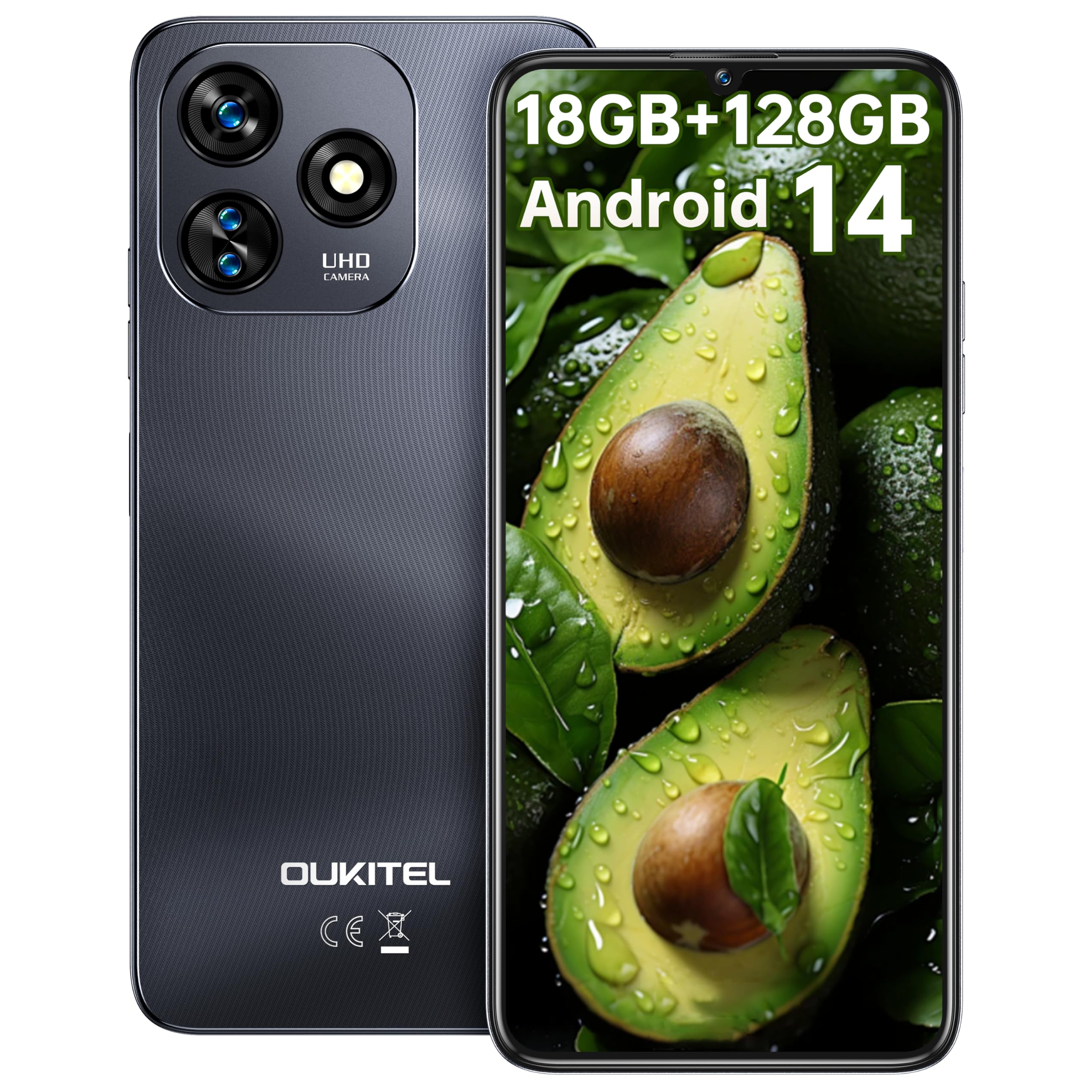 OUKITEL C51 Smartphone Android 14-18GB(6+12) RAM + 128GB ROM(TF 1TB) Octa-Core - 6.8" HD+/90Hz 5150mAh Telefono Cellulare - 13MP+5MP Camera 3 Slot/Fingerprint/Face ID/3.5mm Jack Nero