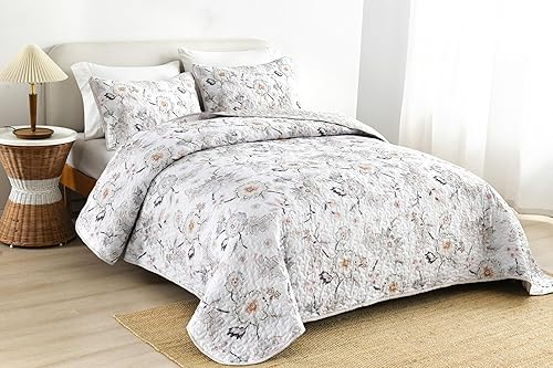 Miniatura 4 de Luxudecor Juego de edredón floral de 3 piezas, tamaño Queen, colcha de flores rubor con fundas de almohada, funda de cama ligera para todas las