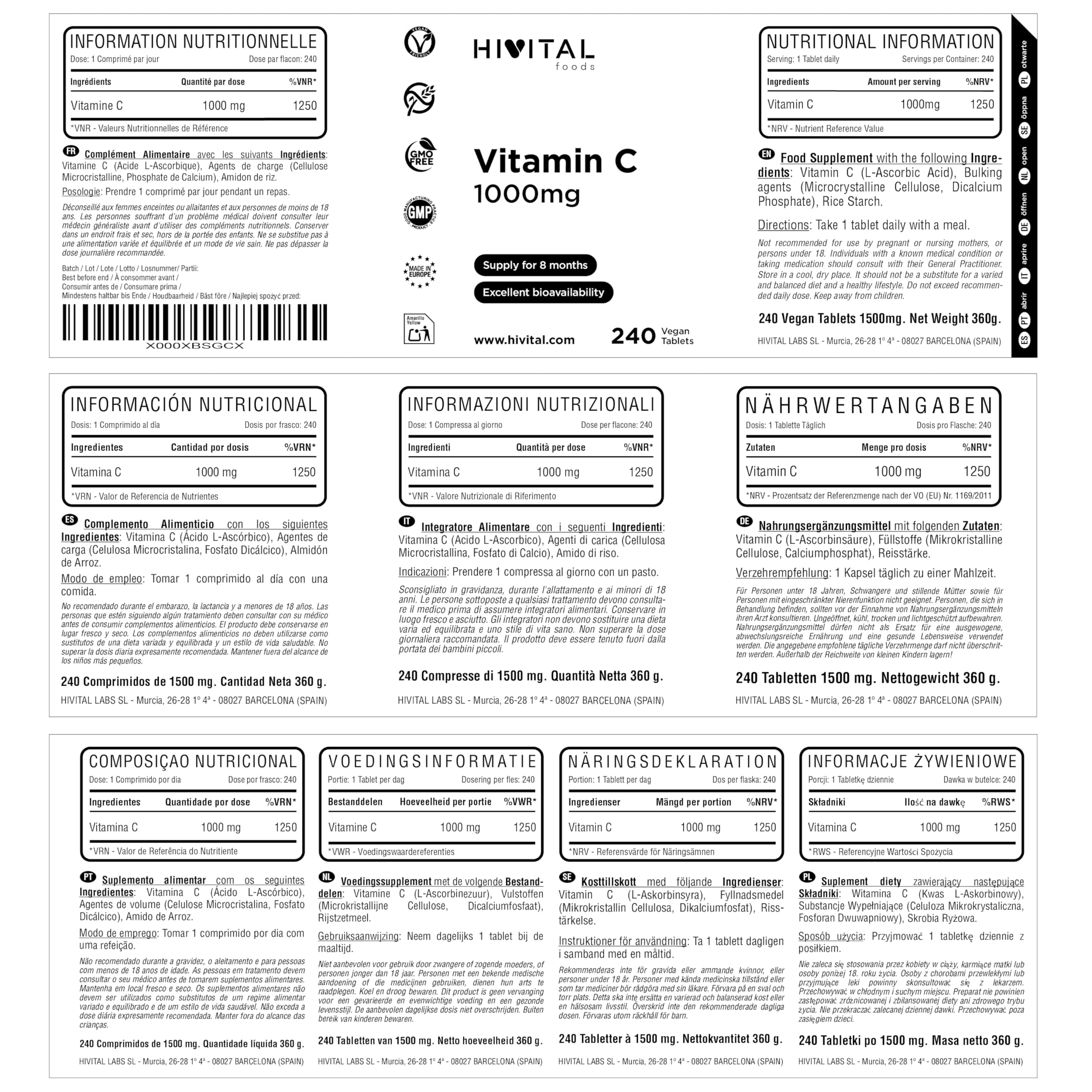 Vitamina C 1000 mg. 240 comprimidos para 8 meses de tratamiento. Vitamina C pura elaborada con un 97% de Ácido Ascórbico. Apto para Veganos. Fabricado en España por HIVITAL