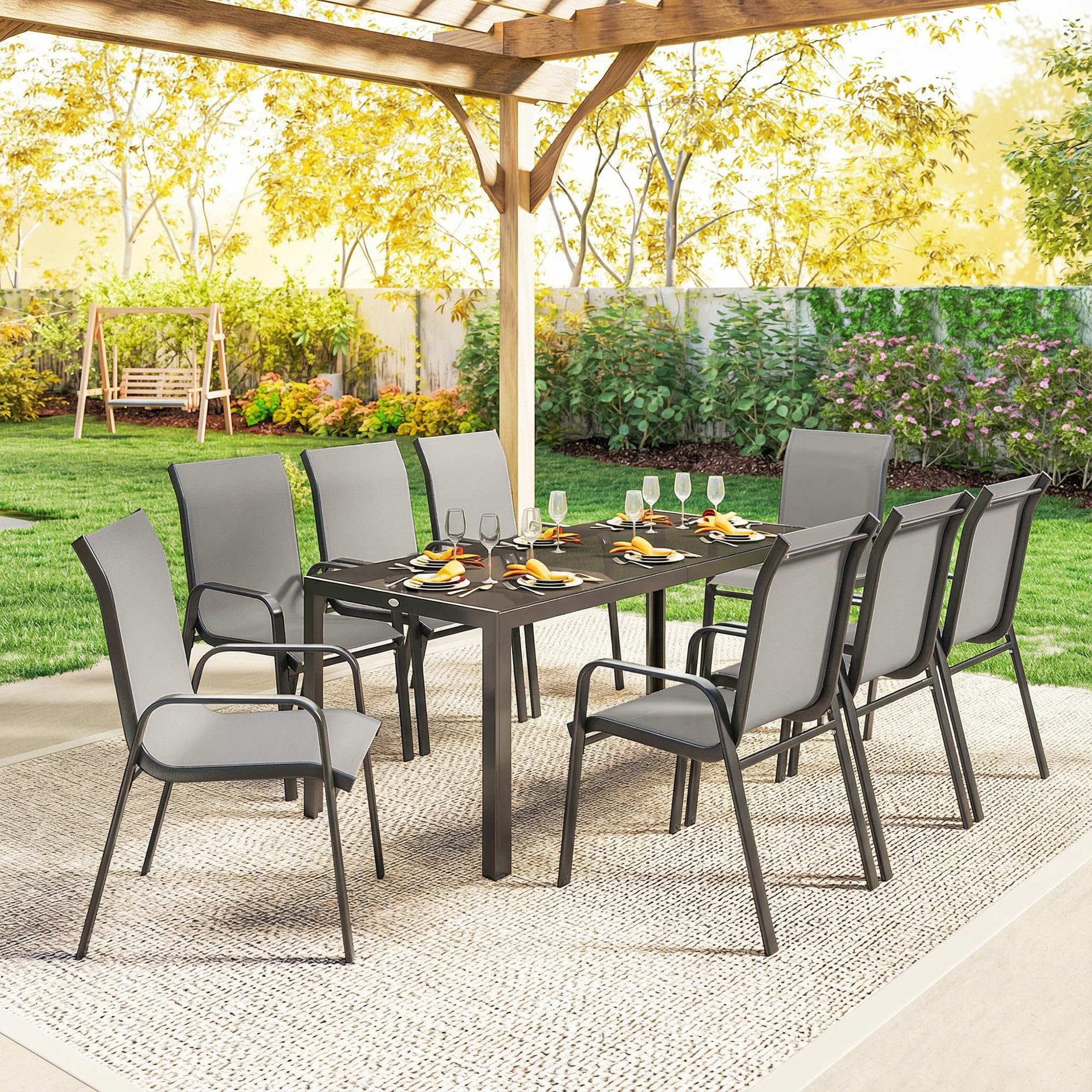 Outsunny Set Tavolo e Sedie da Giardino 9 Pezzi, Set Pranzo Esterno con Tavolo in Vetro Temperato, 8 Sedie Impilabili in Texteline, Set Mobili da Giardino per Terrazza Balcone Patio, Grigio Chiaro