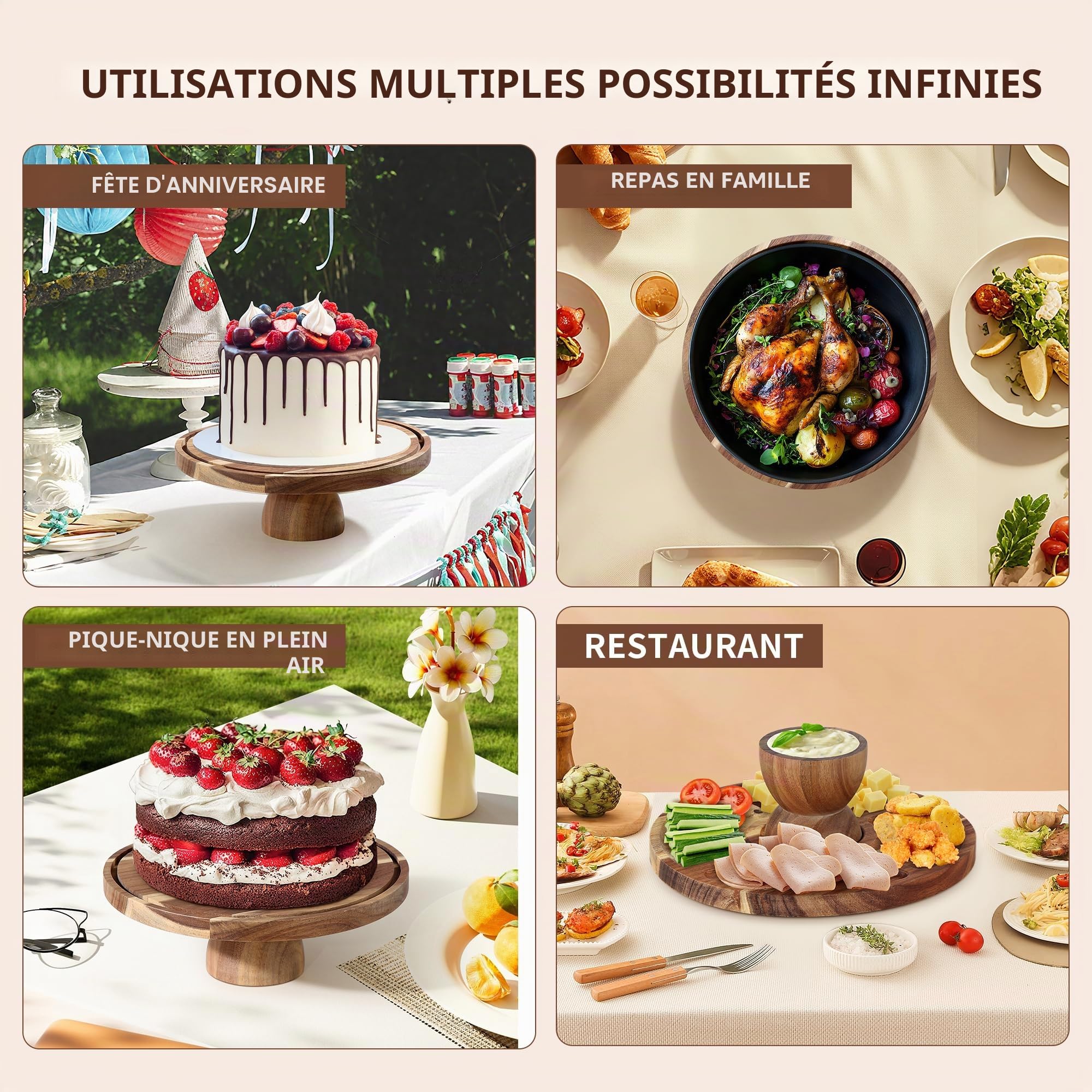Présentoir à gâteau 30cm en bois | plateau gâteau double face, support gâteau multifonction avec socle amovible et cloche à gâteau PET transparente | Idéal mariage, fête, après-midi thé