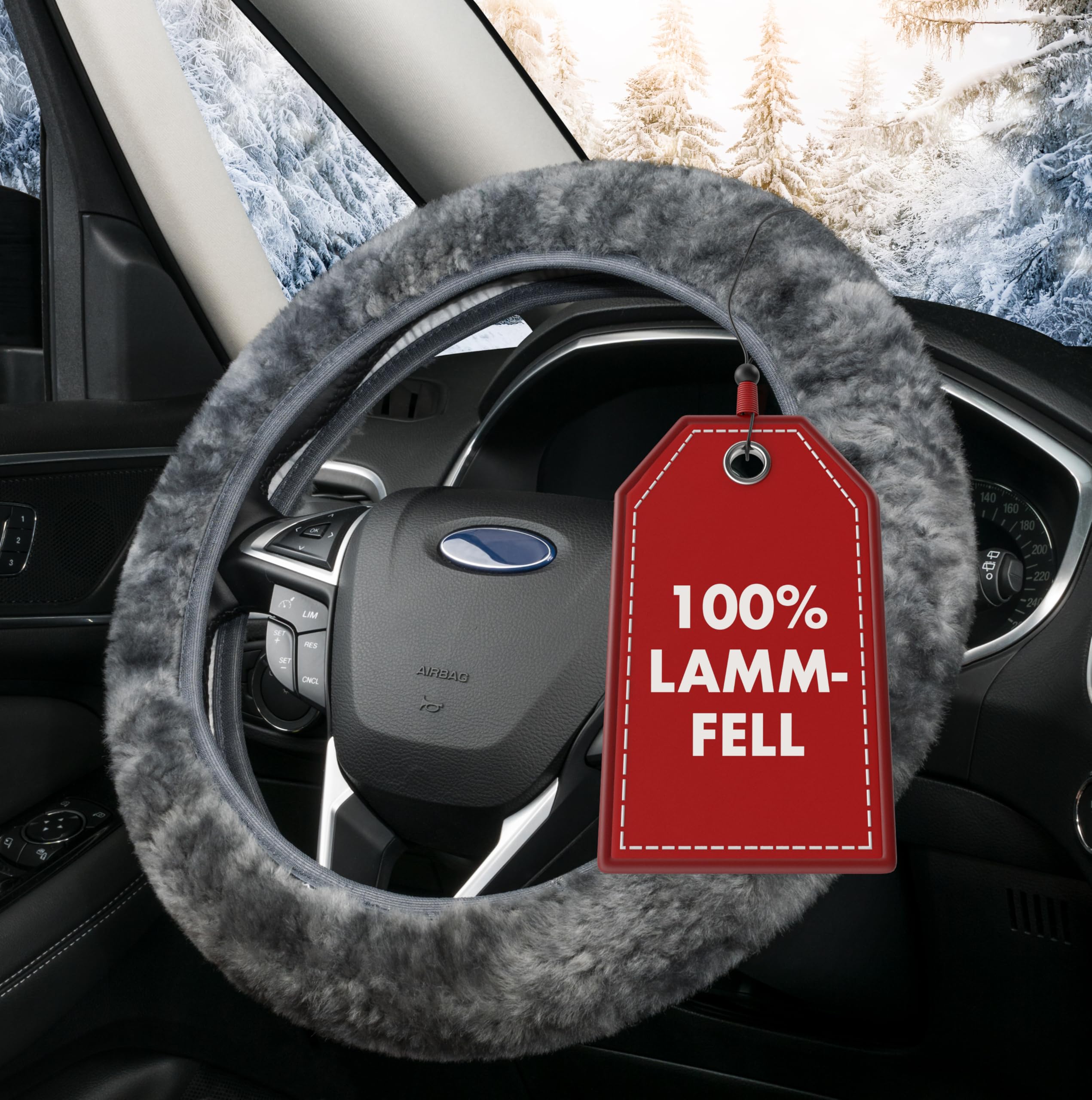 Walser Lammfell Auto Lenkradbezug, Winter Zubehör in Grau, Lenkradschutz