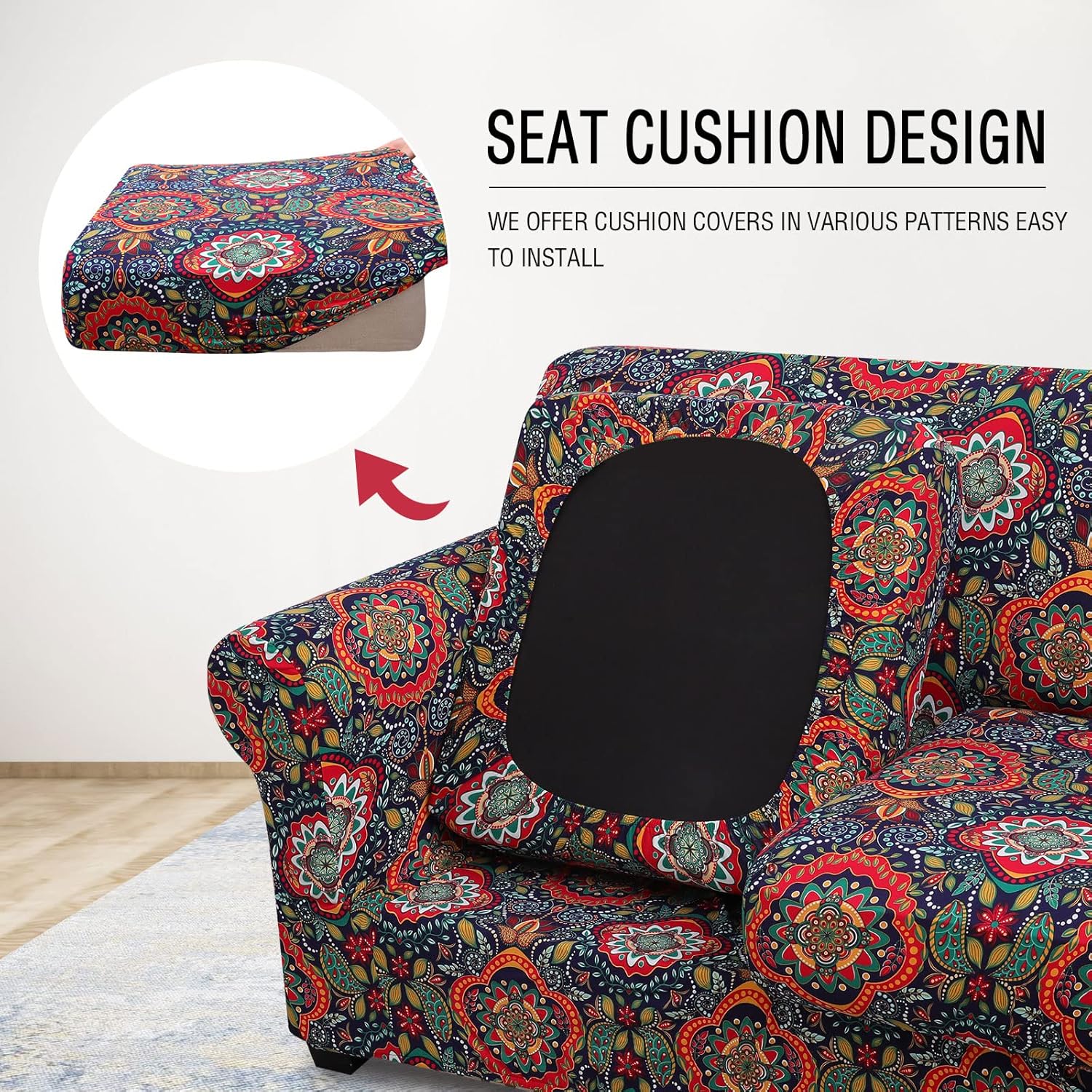 hyha Couch Cover, Floral Pattern, Stretch, Printed, 4 Pieces, Sofa Slipcovers, for 3 Separate Cushion Couch, Washable Furniture Protector for Dogs(Sofa, Mandala Floral)